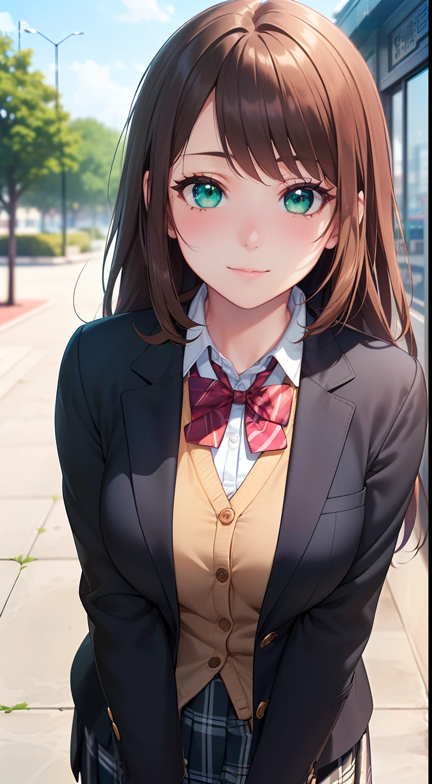 ((masterpiece, best quality, highres, UHD, perfect pixel, depth of field, 4k, RTX, HDR))), 1girl, single, solo, beautiful anime girl, beautiful artstyle, anime character, ((long hair, bangs, brown hair, curly hair:0.8)), ((green eyes:1.4, rounded eyes, beautiful eyelashes, realistic eyes)), ((detailed face, blushing:1.2)), ((smooth texture:0.75, realistic texture:0.65, photorealistic:1.1, anime CG style)), medium breasts, dynamic angle, perfect body, ((portrait, pov)), ((red bowtie, school uniform, black jacket, open jacket, brown cardigan, white shirt, black skirt, plaid skirt)), smile, amusement park