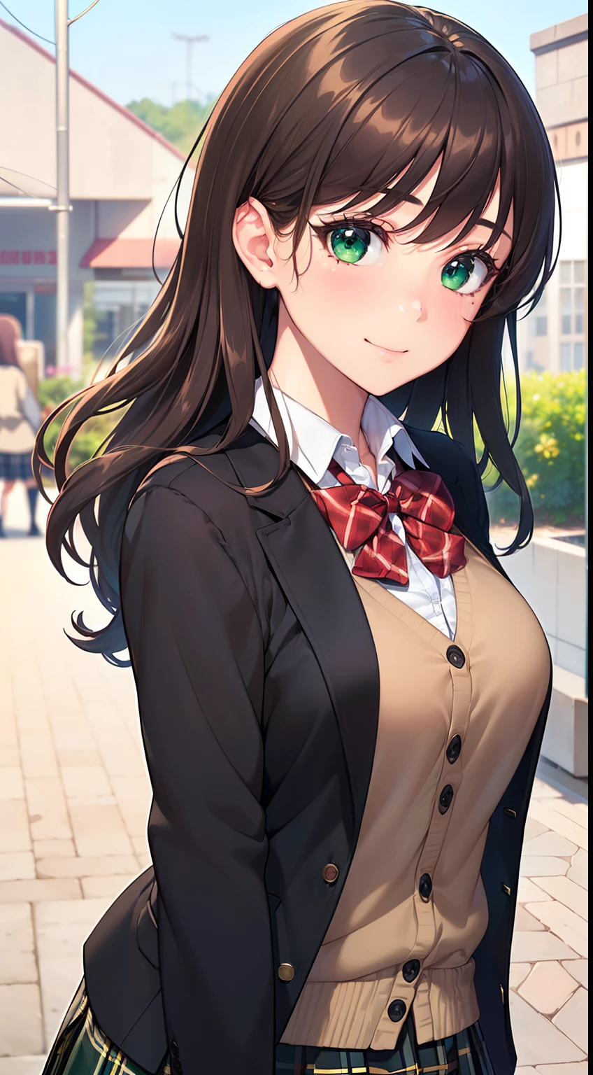 ((masterpiece, best quality, highres, UHD, perfect pixel, depth of field, 4k, RTX, HDR))), 1girl, single, solo, beautiful anime girl, beautiful artstyle, anime character, ((long hair, bangs, brown hair, curly hair:0.8)), ((green eyes:1.4, rounded eyes, beautiful eyelashes, realistic eyes)), ((detailed face, blushing:1.2)), ((smooth texture:0.75, realistic texture:0.65, photorealistic:1.1, anime CG style)), medium breasts, dynamic angle, perfect body, ((portrait, pov)), ((red bowtie, school uniform, black jacket, open jacket, brown cardigan, white shirt, black skirt, plaid skirt)), smile, amusement park
