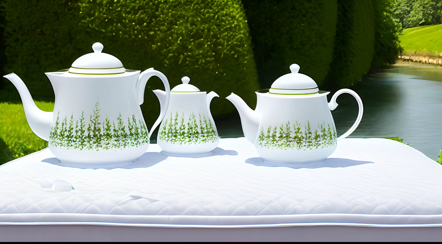 A white mattress for a family that enjoys its time by the river and among the green herbs with a set of decorative English tea pot Bruceline . High Speckle . 8k . wide angle