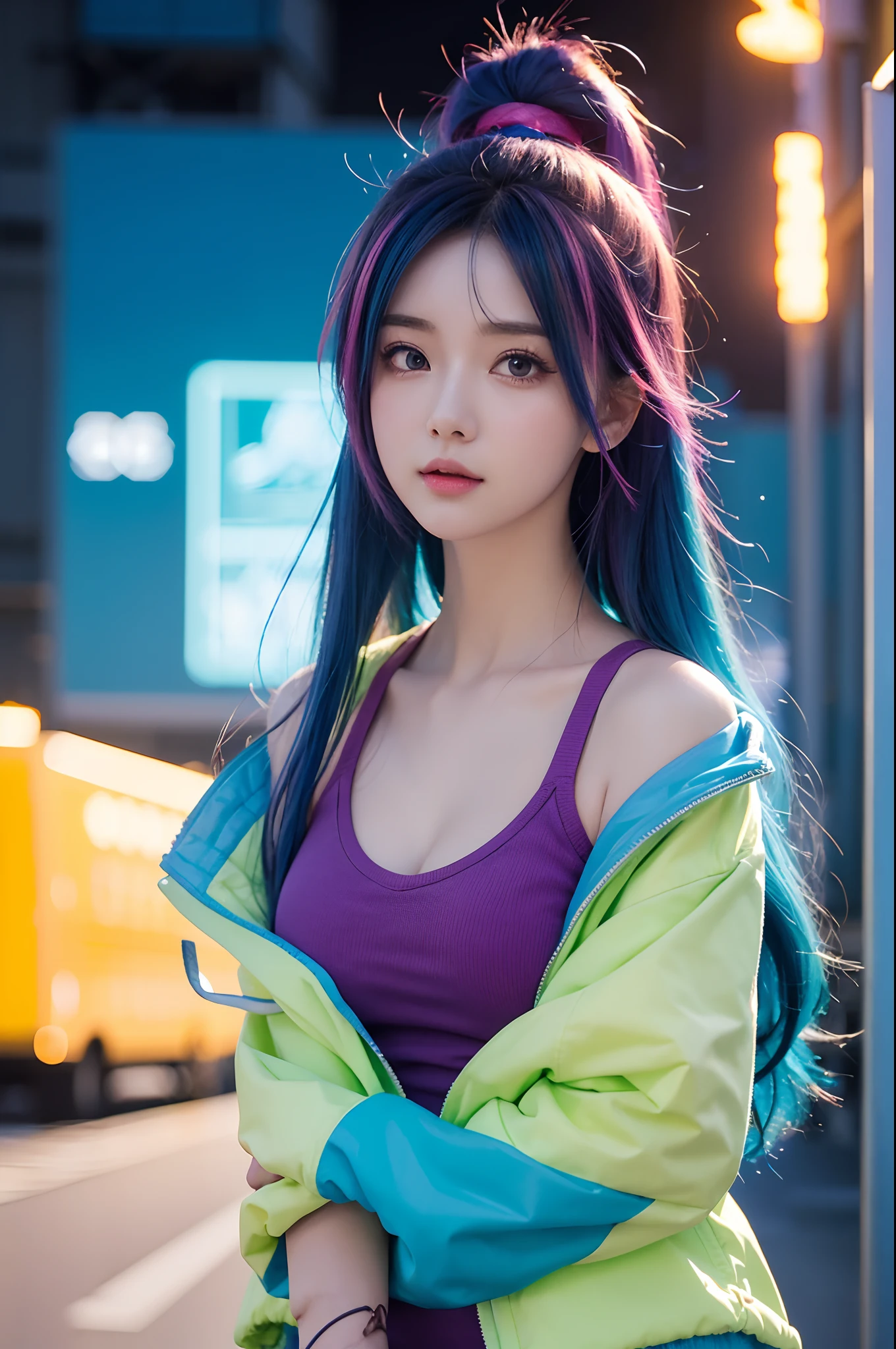 a girl with a bright hair and a blue jacket looks at the camera, inspired by Yuumei, digital anime art, colorful digital painting, rossdraws cartoon vibrant, anime style 4 k, alice x. zhang, by Yuumei, digital anime illustration, beautiful anime portrait, vibrant digital painting, detailed digital anime art, anime digital art