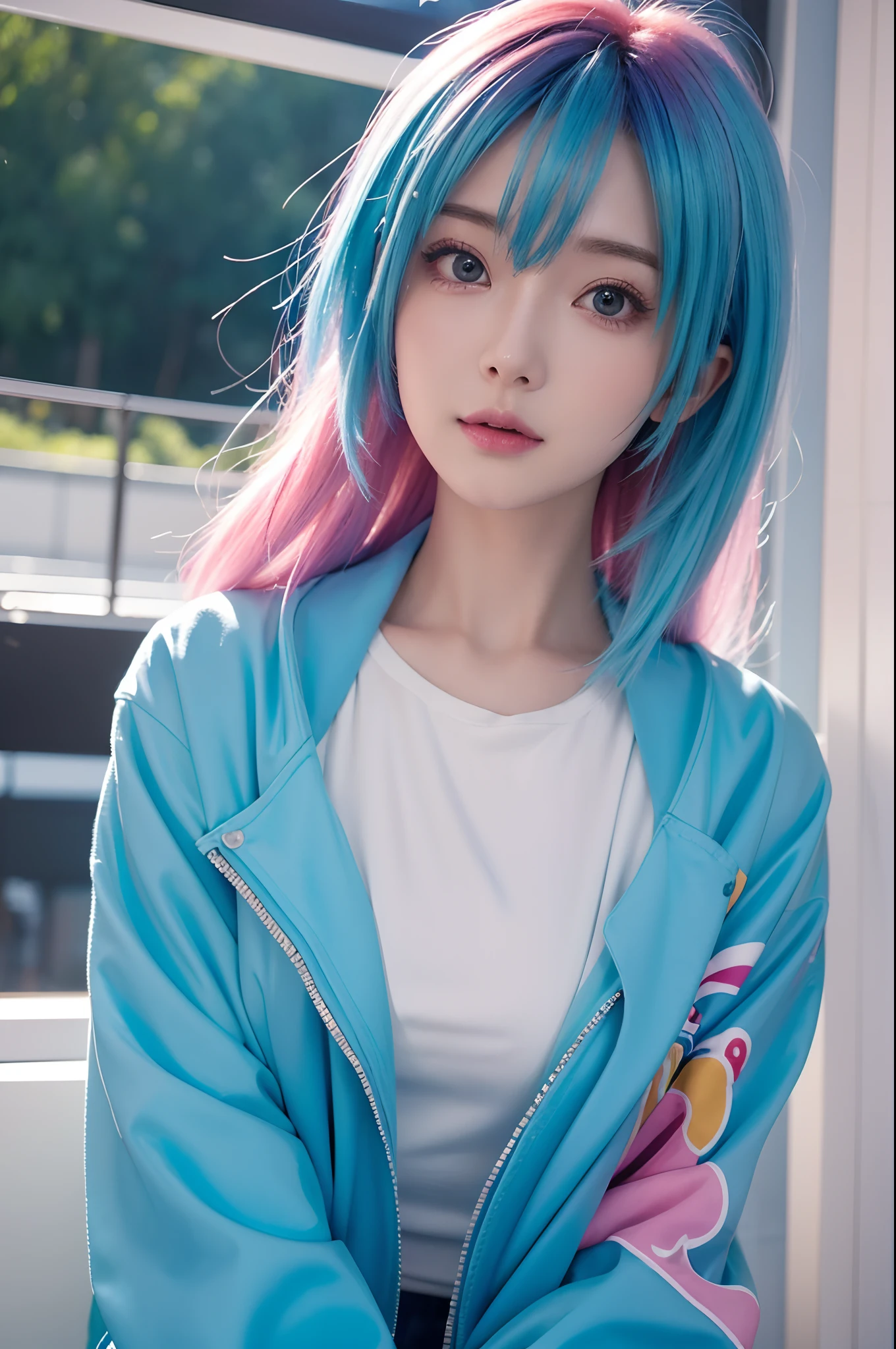 a girl with a bright hair and a blue jacket looks at the camera, inspired by Yuumei, digital anime art, colorful digital painting, rossdraws cartoon vibrant, anime style 4 k, alice x. zhang, by Yuumei, digital anime illustration, beautiful anime portrait, vibrant digital painting, detailed digital anime art, anime digital art