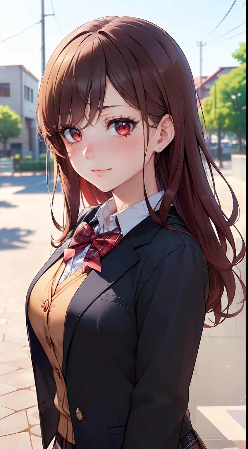 ((masterpiece, best quality, highres, UHD, perfect pixel, depth of field, 4k, RTX, HDR))), 1girl, single, solo, beautiful anime girl, beautiful artstyle, anime character, ((long hair, bangs, brown hair, curly hair:0.8)), ((red eyes:1.4, rounded eyes, beautiful eyelashes, realistic eyes)), ((detailed face, blushing:1.2)), ((smooth texture:0.75, realistic texture:0.65, photorealistic:1.1, anime CG style)), medium breasts, dynamic angle, perfect body, ((portrait, pov)), ((red bowtie, school uniform, black jacket, open jacket, brown cardigan, white shirt, black skirt, plaid skirt)), smile, amusement park