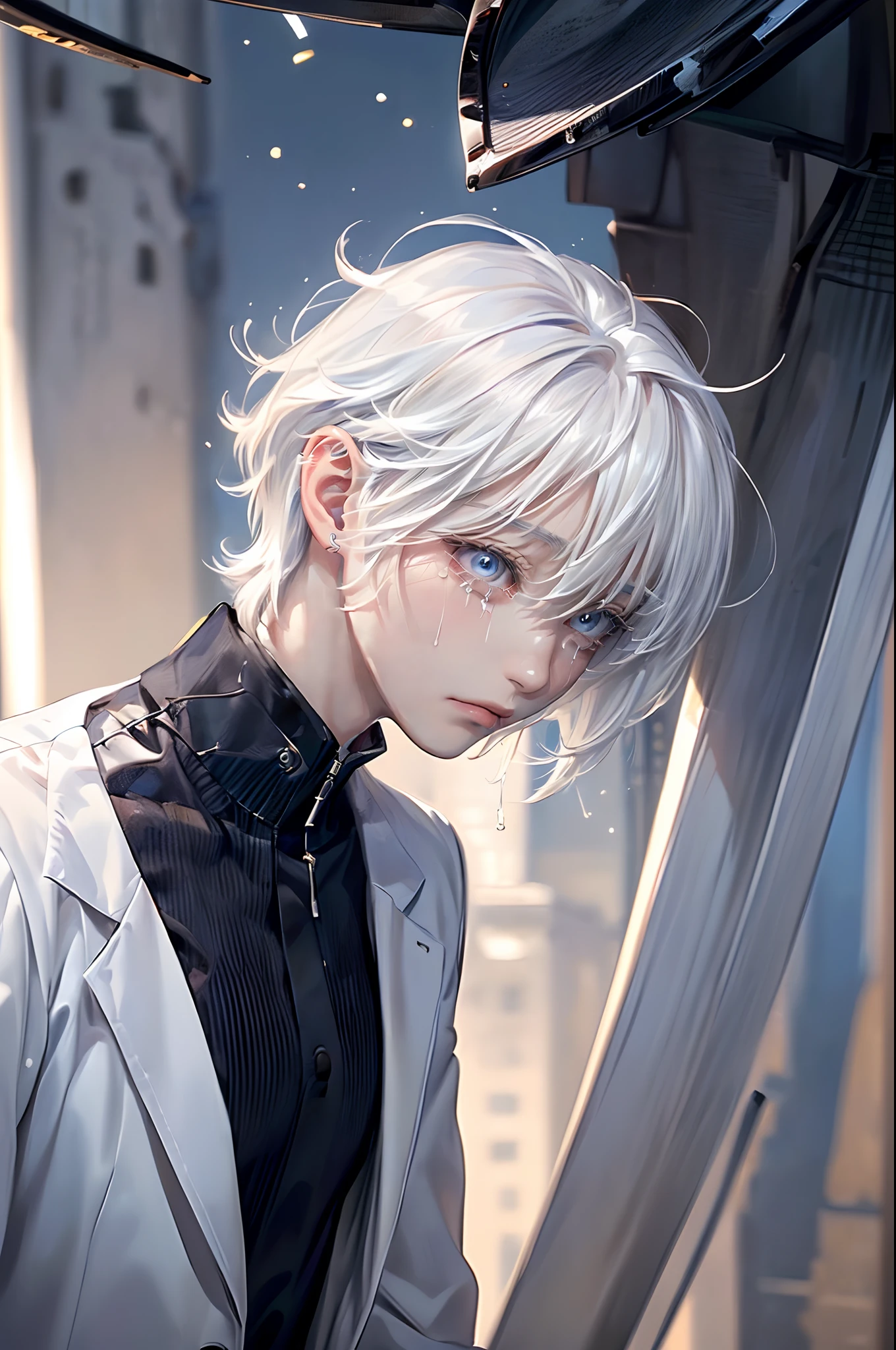 ((4K works))、​masterpiece、(top-quality)、One beautiful boy、Slim body、tall、((Black Y-shirt and white pants、Charming British knight style))、Please wear one jacket、(Detailed beautiful eyes)、Fantastic Night City、((City under the stars))、Fantastic city at midnight、((Face similar to Carly Rae Jepsen))、((Short-haired white hair))、((Smaller face))、((Neutral face))、((Bright blue eyes))、((American adult male))、((Adult male 26 years old))、((Cool Men))、((Like a celebrity))、((Crying expression))、((sad look))、((Korean Makeup))、((elongated and sharp eyes))、((Happy dating))、((boyish))、((Upper body photography))、Professional Photos、((Shot alone))、((She is looking up at the sky under the roof))、((Shot from the side))、((Crying profile))、((Face crying in pain))、((He is looking upwards))、((His eyes are looking down))、((He stands next to the viewer))、((He who cries))、I'm crying on a stick.、Man crying while standing、Solitude、saddened、desolate、suffocating、heartbreaking、auw、Tears dripping on the cheeks