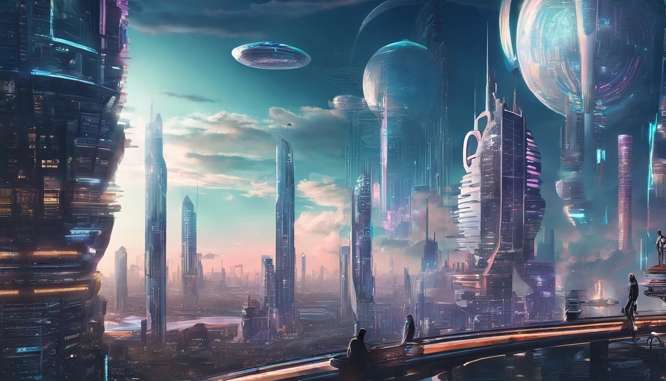 cyber punk perssonage、Cidade futuristica、planet earth、Skyscrapers piercing clouds cyberpunk.ＳＦart by、Utopian city、megacity、Dream、top-quality、tmasterpiece、Beautiful futuristic city