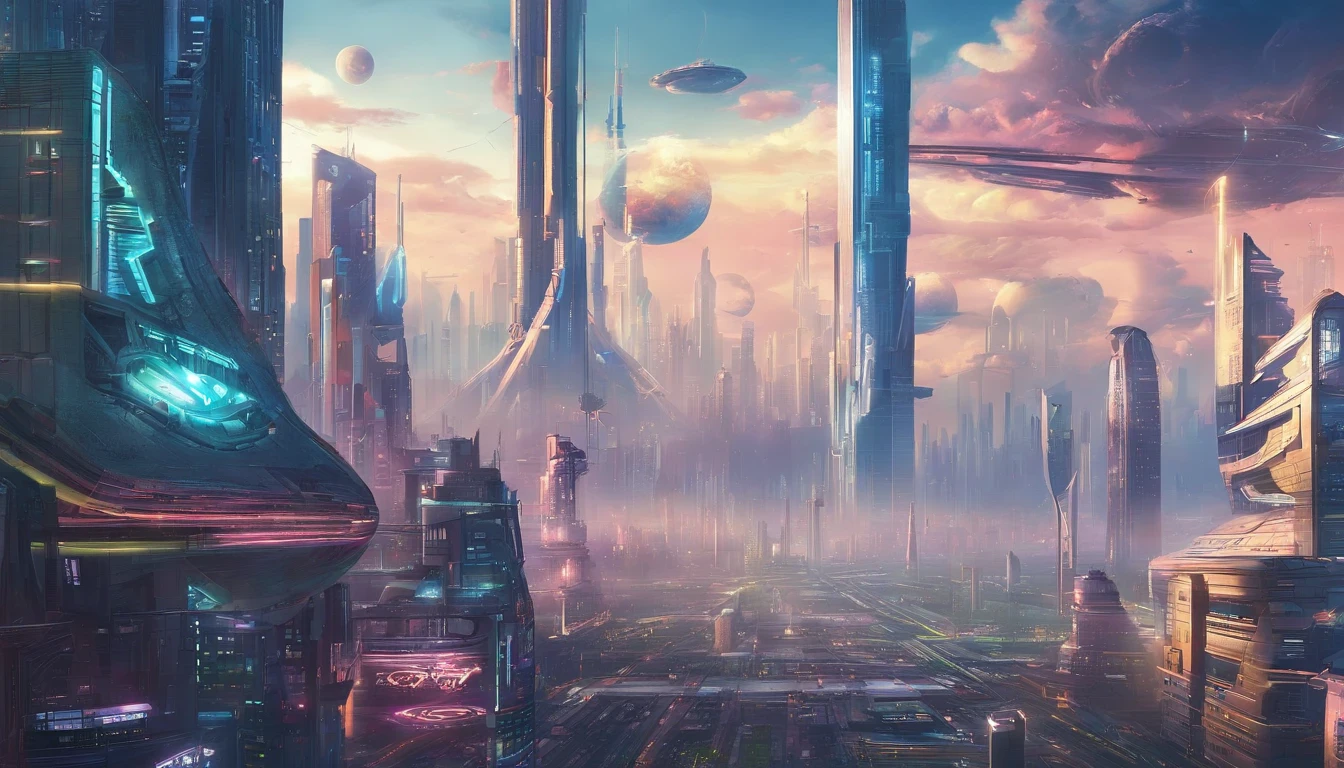 cyber punk perssonage、Cidade futuristica、planet earth、Skyscrapers piercing clouds cyberpunk.SFart by、Utopian city、megacity、Dream、top-quality、tmasterpiece、Beautiful futuristic city