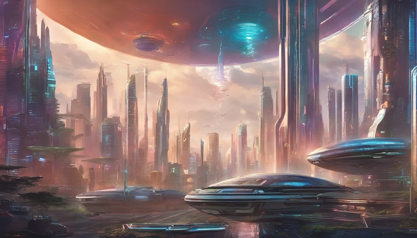 cyber punk perssonage、Cidade futuristica、planet earth、Skyscrapers piercing clouds cyberpunk.SFart by、Utopian city、megacity、Dream、top-quality、tmasterpiece、Beautiful futuristic city
