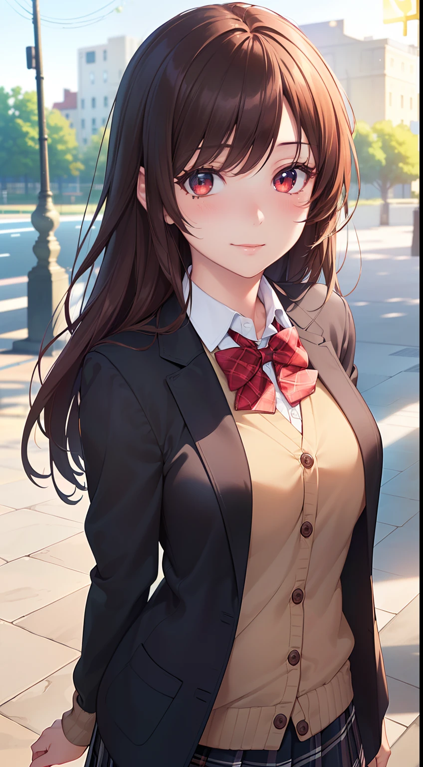 ((masterpiece, best quality, highres, UHD, perfect pixel, depth of field, 4k, RTX, HDR))), 1girl, single, solo, beautiful anime girl, beautiful artstyle, anime character, ((long hair, bangs, brown hair, curly hair:0.8)), ((red eyes:1.4, rounded eyes, beautiful eyelashes, realistic eyes)), ((detailed face, blushing:1.2)), ((smooth texture:0.75, realistic texture:0.65, photorealistic:1.1, anime CG style)), medium breasts, dynamic angle, perfect body, ((portrait, pov)), ((red bowtie, school uniform, black jacket, open jacket, brown cardigan, white shirt, black skirt, plaid skirt)), smile beam, amusement park