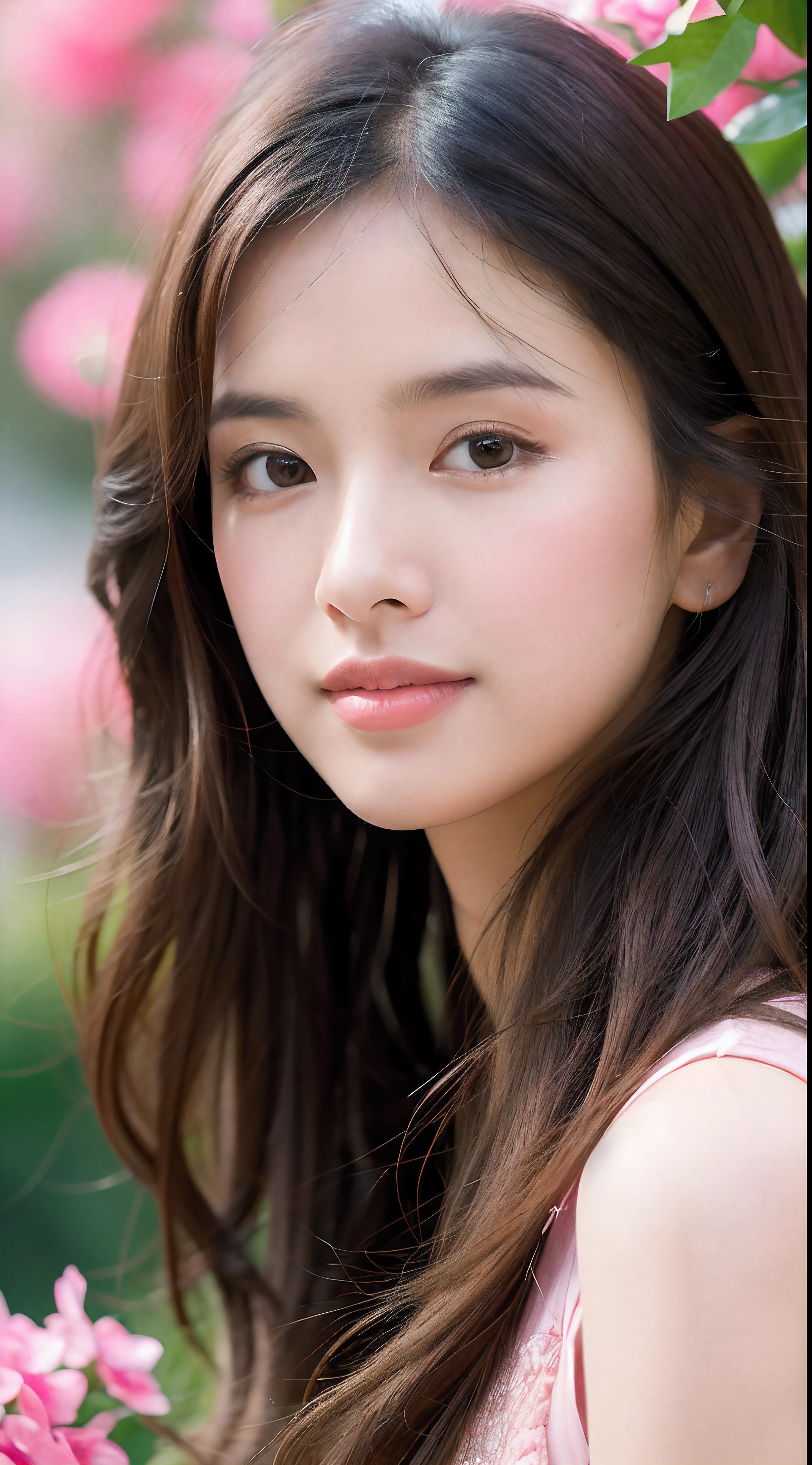 (best quality,4k,8k,highres,masterpiece:1.2),ultra-detailed,realistic,photorealistic:1.37,portrait,illustration,pink color tone,soft lighting,garden,flowers,breeze,greenery,serene atmosphere,vibrant colors,delicate features,long hair,wavy hair,innocent expression,sparkling eyes,pouty lips,feminine attire,standing posture,faint smile,peaceful vibe.