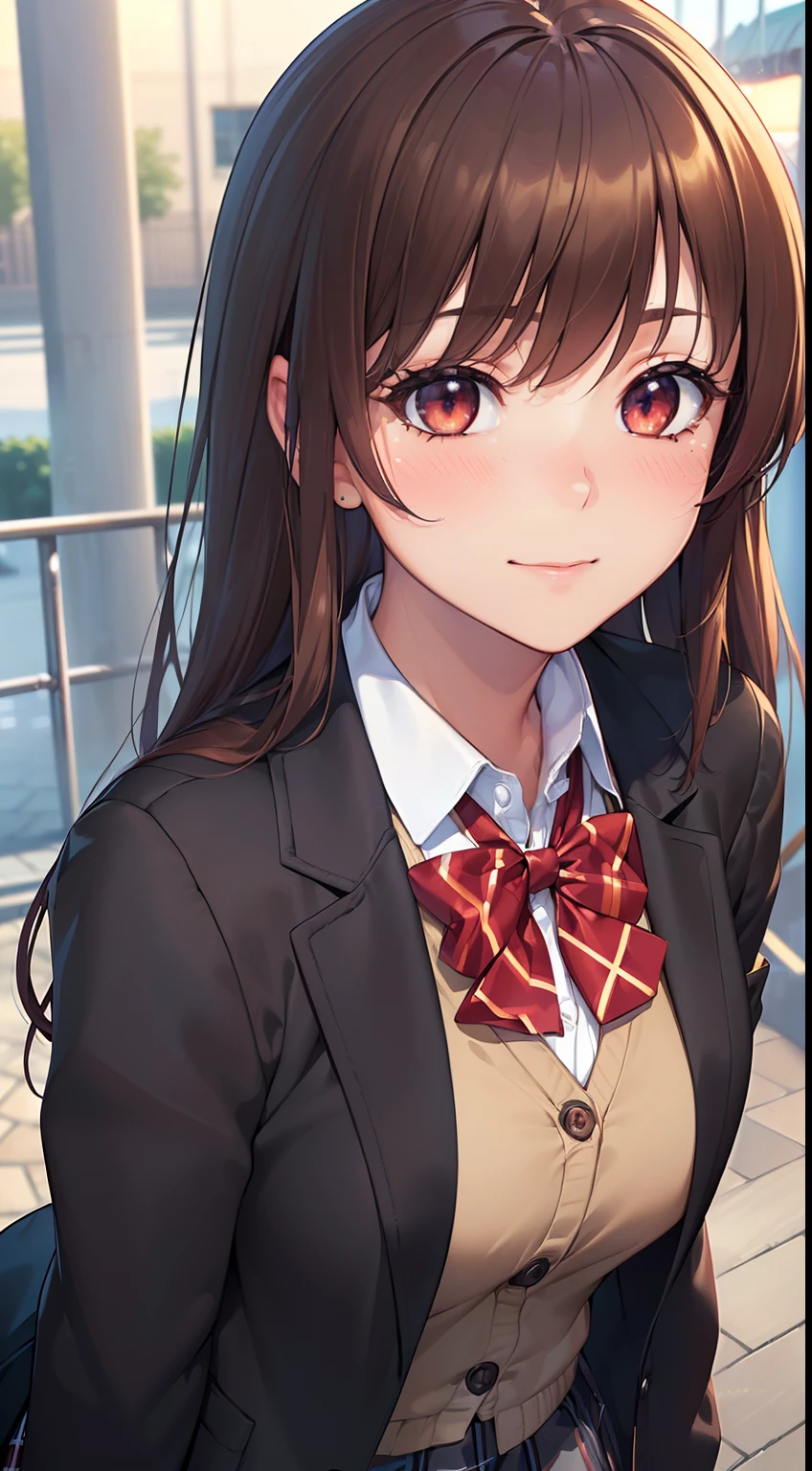 ((masterpiece, best quality, highres, UHD, perfect pixel, depth of field, 4k, RTX, HDR))), 1girl, single, solo, beautiful anime girl, beautiful artstyle, anime character, ((long hair, bangs, brown hair, curly hair:0.8)), ((red eyes:1.4, rounded eyes, beautiful eyelashes, realistic eyes)), ((detailed face, blushing:1.2)), ((smooth texture:0.75, realistic texture:0.65, photorealistic:1.1, anime CG style)), medium breasts, dynamic angle, perfect body, ((portrait, pov)), ((red bowtie, school uniform, black jacket, open jacket, brown cardigan, white shirt, black skirt, plaid skirt)), smile beam, amusement park