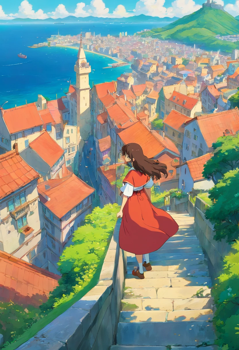 Tri-color cavalier European-style cityscape Slope with a view of the sea