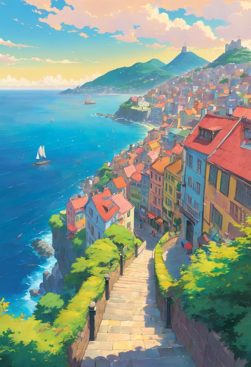 Tri-color cavalier　European-style cityscape　Slope with a view of the sea