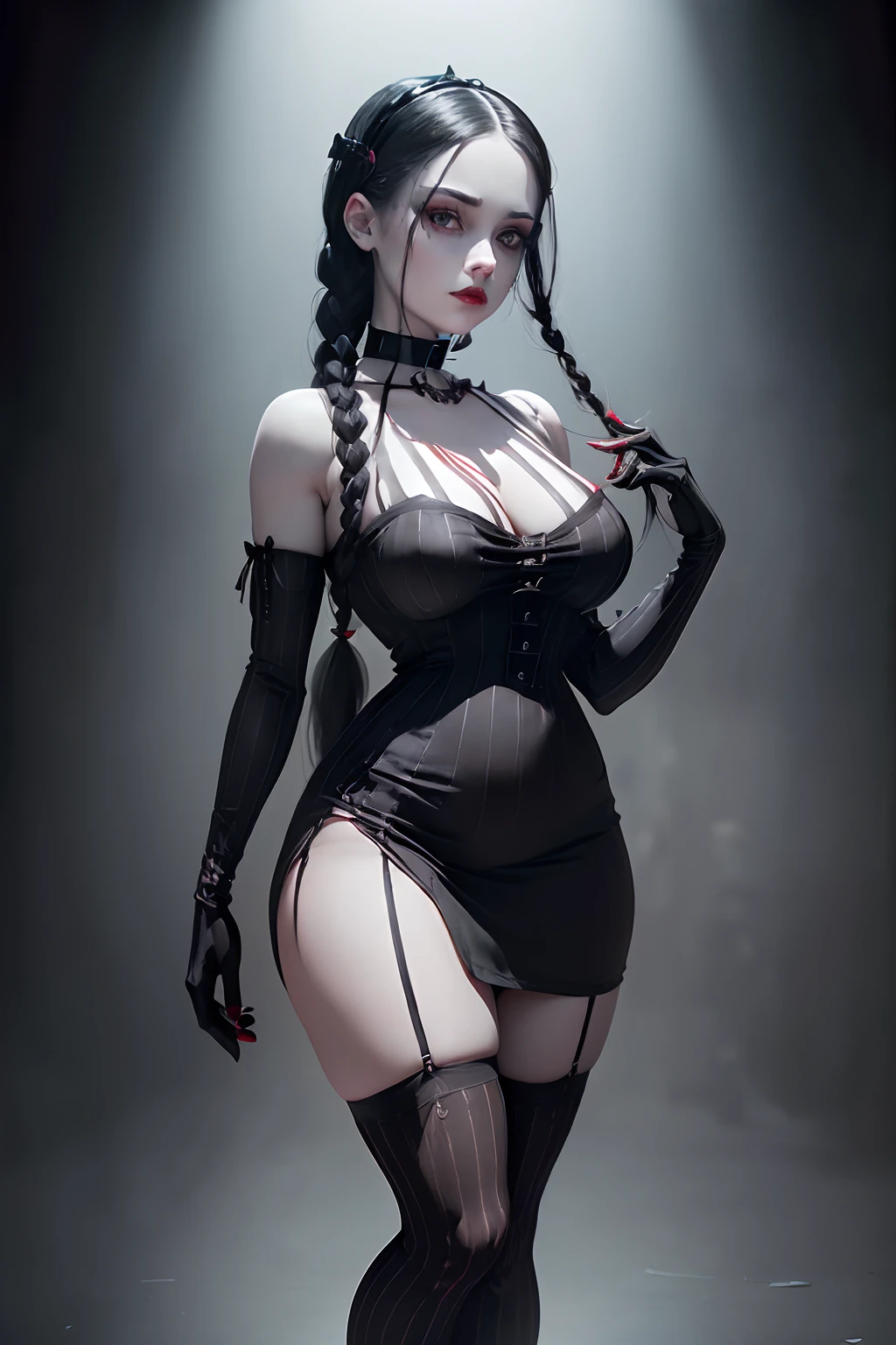 ((Wednesday from the addams family series)) ((beautiful face)) ((pale skin)) (red lipstick) ((long black hairstyle with two braids)) ((very huge breasts) (perfect slim body) ((wears short black dress)) ((choker, long stripes socks)), ((posing sexy inside haunted mansion)) (high definition, dynamic lights and shadows) ((masterpiece)) (8k) (perfect face) (best quality) (perfect hands)((hold decapitated doll))