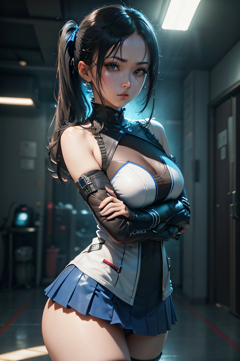 ((top-quality)), ((masterpiece)), (detaileds:1.4), 。.。.。.。Blue LED is on、.。.3D, Blue Eyes Slender、Short skirt with blue LED、Twintail hairstyle,Beautiful Cyberpunk Woman Image,nffsw(HighDynamicRange),Ray traching,NVIDIA RTX,Hyper-Resolution,Unreal 5,Sub-surface scattering,PBR Texturing,Postprocess,Anisotropy Filtering,depth of fields,Maximum clarity and sharpness,multi-layer texture,Albedo and specular maps,Surface Shading,Accurate simulation of light-material interactions,perfectly proportions,Octane Rendering,Two-tone lighting,Wide aperture,Low ISO、White Balance、thirds rule、8K Raw、Night Pool、
