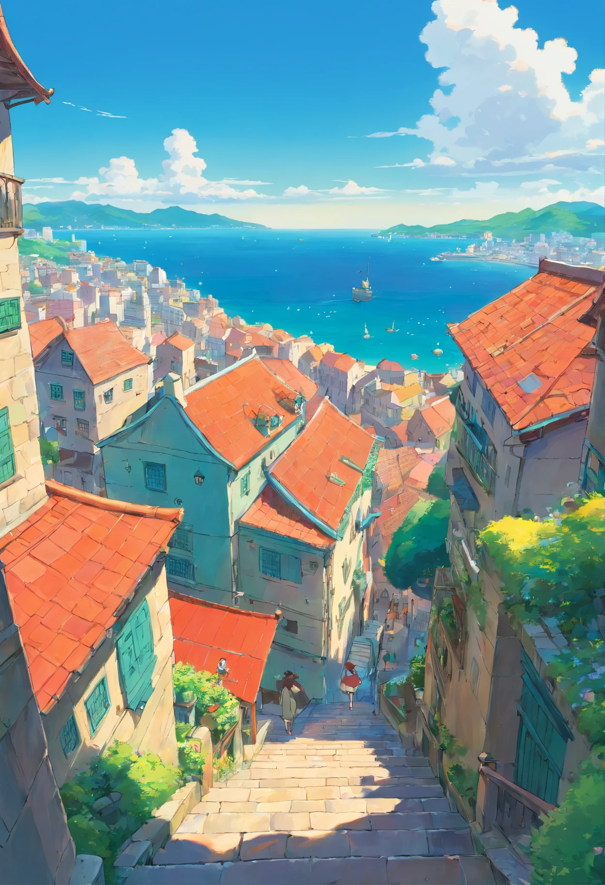 Tri-color cavalier European-style cityscape Slope with a view of the sea