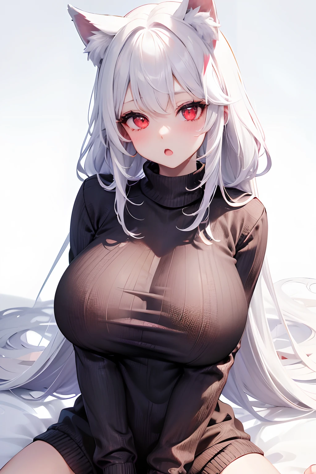 virgin killer sweater, 1girl, breasts, solo, meme attire, all fours, long hair, :o, blush, looking at viewer, white background, simple background, red eyes, white hair, wolf ears, hair, dress, grey sweater, open mouth, bangs, large breasts, massive breast, mature female, mole under eyes,