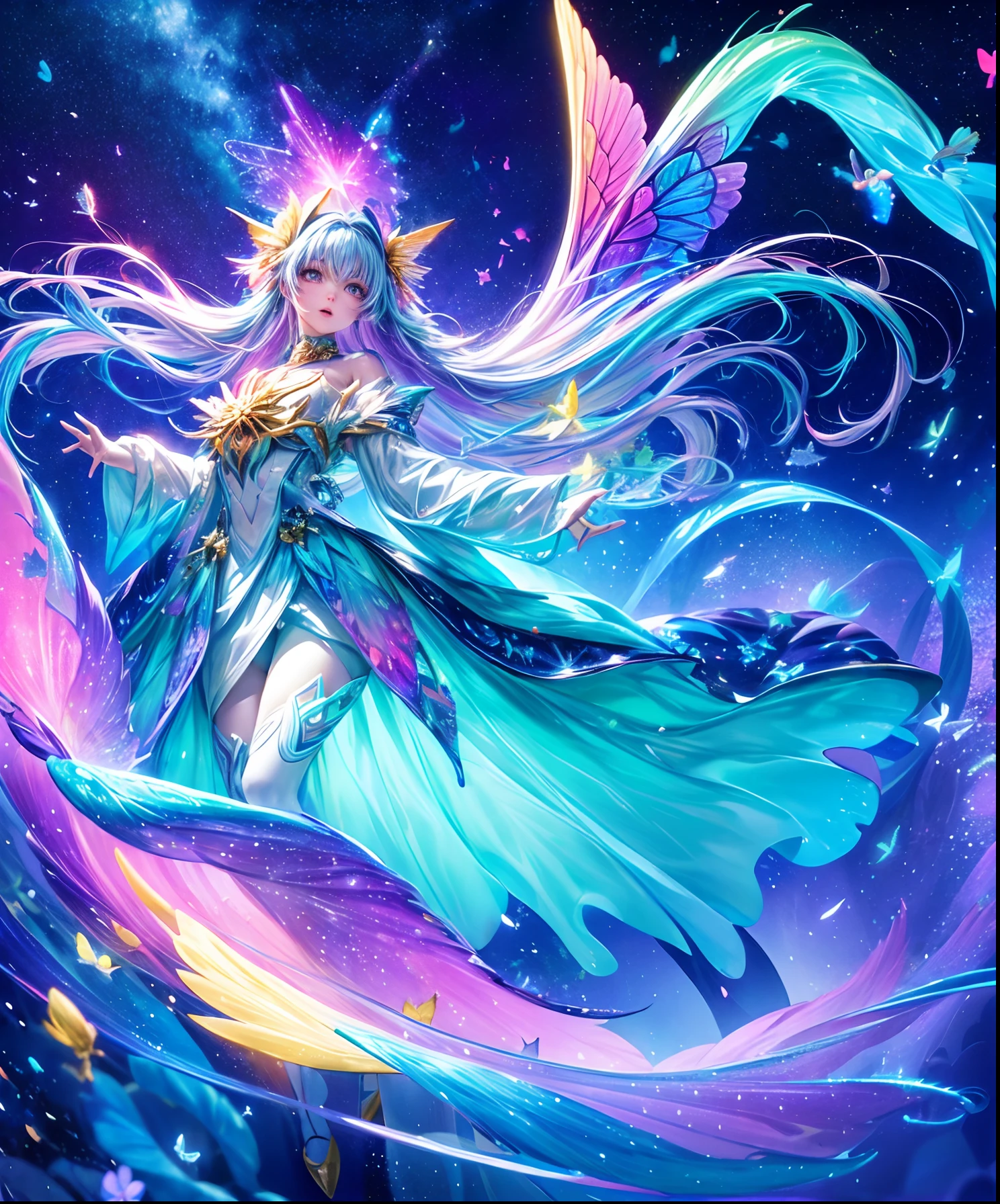 Cute iridescent round monster in space、Iridescent grass々Drawing a butterfly flying over the water, Looking up at the starry sky. Surround her with colorful nebulae and colorful forests.