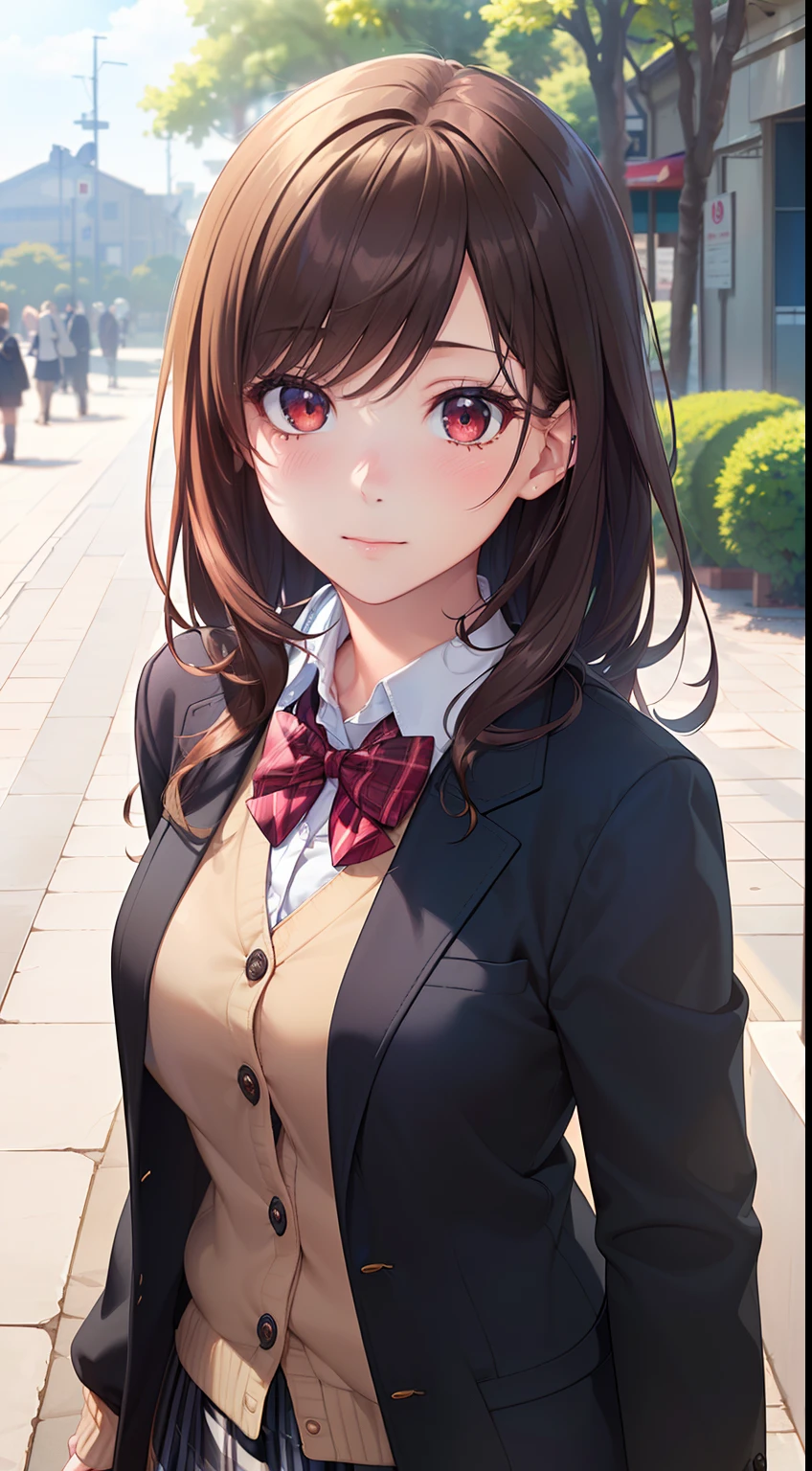 ((masterpiece, best quality, highres, UHD, perfect pixel, depth of field, 4k, RTX, HDR))), 1girl, single, solo, beautiful anime girl, beautiful artstyle, anime character, ((long hair, bangs, brown hair, curly hair:0.8)), ((red eyes:1.4, rounded eyes, beautiful eyelashes, realistic eyes)), ((detailed face, blushing:1.2)), ((smooth texture:0.75, realistic texture:0.65, photorealistic:1.1, anime CG style)), medium breasts, dynamic angle, perfect body, ((portrait, pov)), ((red bowtie, school uniform, black jacket, open jacket, brown cardigan, white shirt, black skirt, plaid skirt)), Crack up, amusement park