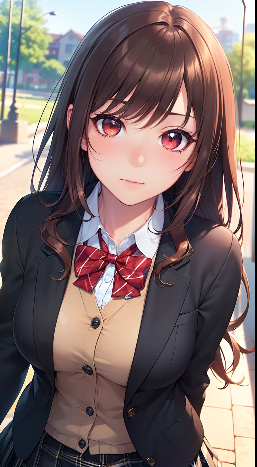 ((masterpiece, best quality, highres, UHD, perfect pixel, depth of field, 4k, RTX, HDR))), 1girl, single, solo, beautiful anime girl, beautiful artstyle, anime character, ((long hair, bangs, brown hair, curly hair:0.8)), ((red eyes:1.4, rounded eyes, beautiful eyelashes, realistic eyes)), ((detailed face, blushing:1.2)), ((smooth texture:0.75, realistic texture:0.65, photorealistic:1.1, anime CG style)), medium breasts, dynamic angle, perfect body, ((portrait, pov)), ((red bowtie, school uniform, black jacket, open jacket, brown cardigan, white shirt, black skirt, plaid skirt)), Crack up, amusement park
