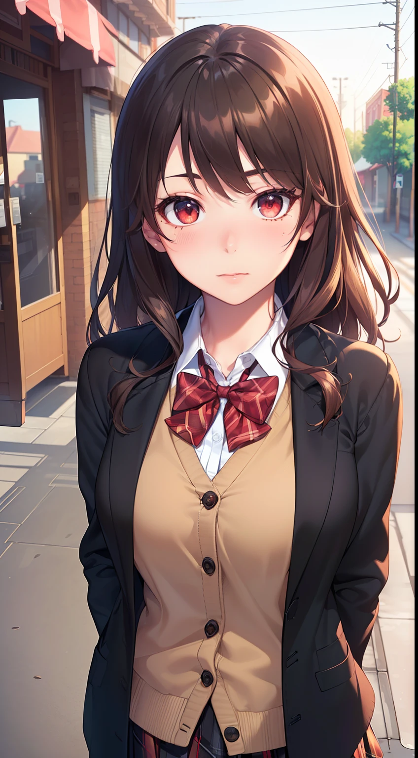 ((masterpiece, best quality, highres, UHD, perfect pixel, depth of field, 4k, RTX, HDR))), 1girl, single, solo, beautiful anime girl, beautiful artstyle, anime character, ((long hair, bangs, brown hair, curly hair:0.8)), ((red eyes:1.4, rounded eyes, beautiful eyelashes, realistic eyes)), ((detailed face, blushing:1.2)), ((smooth texture:0.75, realistic texture:0.65, photorealistic:1.1, anime CG style)), medium breasts, dynamic angle, perfect body, ((portrait, pov)), ((red bowtie, school uniform, black jacket, open jacket, brown cardigan, white shirt, black skirt, plaid skirt)), Crack up, amusement park