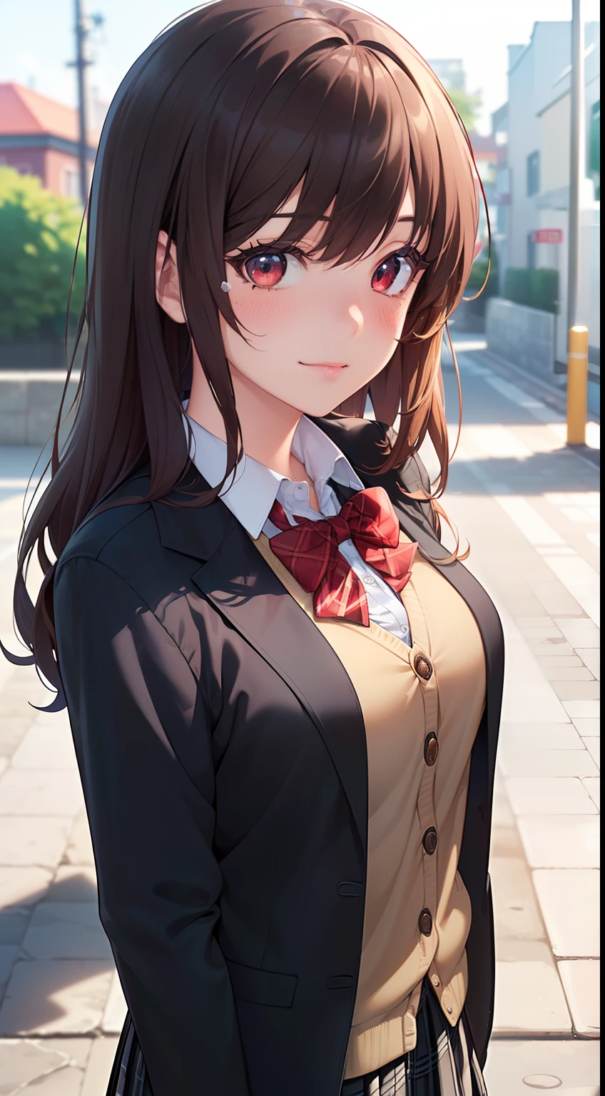 ((masterpiece, best quality, highres, UHD, perfect pixel, depth of field, 4k, RTX, HDR))), 1girl, single, solo, beautiful anime girl, beautiful artstyle, anime character, ((long hair, bangs, brown hair, curly hair:0.8)), ((red eyes:1.4, rounded eyes, beautiful eyelashes, realistic eyes)), ((detailed face, blushing:1.2)), ((smooth texture:0.75, realistic texture:0.65, photorealistic:1.1, anime CG style)), medium breasts, dynamic angle, perfect body, ((portrait, pov)), ((red bowtie, school uniform, black jacket, open jacket, brown cardigan, white shirt, black skirt, plaid skirt)), funny smile, amusement park