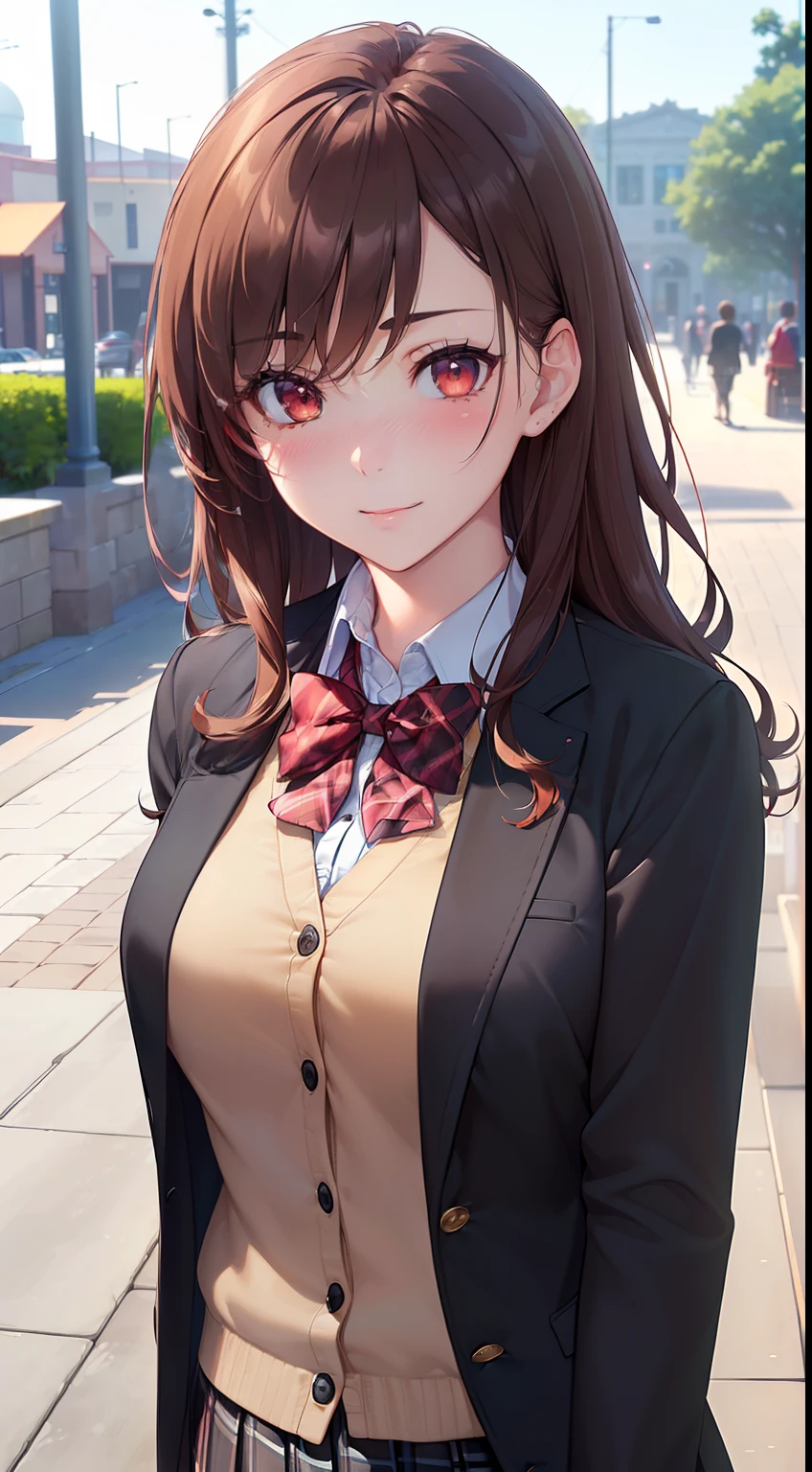 ((masterpiece, best quality, highres, UHD, perfect pixel, depth of field, 4k, RTX, HDR))), 1girl, single, solo, beautiful anime girl, beautiful artstyle, anime character, ((long hair, bangs, brown hair, curly hair:0.8)), ((red eyes:1.4, rounded eyes, beautiful eyelashes, realistic eyes)), ((detailed face, blushing:1.2)), ((smooth texture:0.75, realistic texture:0.65, photorealistic:1.1, anime CG style)), medium breasts, dynamic angle, perfect body, ((portrait, pov)), ((red bowtie, school uniform, black jacket, open jacket, brown cardigan, white shirt, black skirt, plaid skirt)), funny smile, amusement park