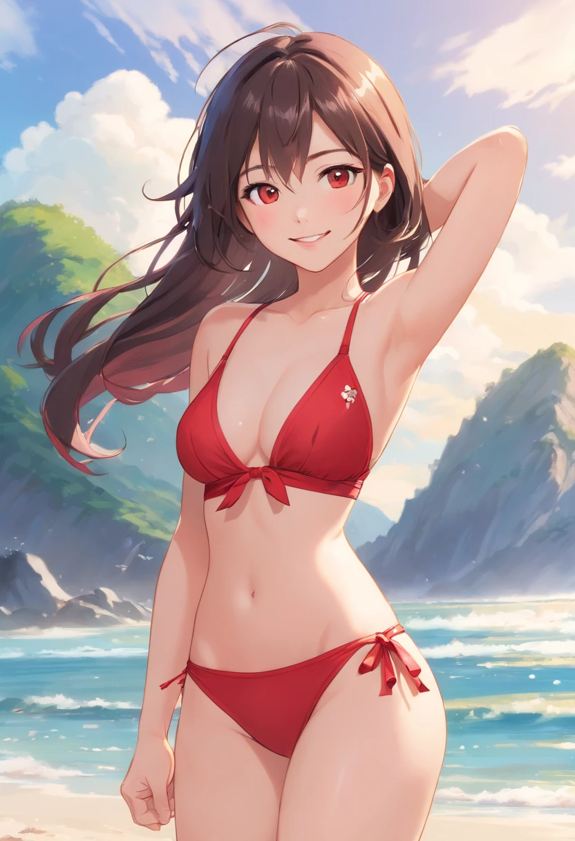 Retrato en primer plano de una mujer en micro bikini posando en la playa, ((sonrisa traviesa, ojos entrecerrados, ojos detallados)), sudor, Chica coreana, Japan goddess, beautiful asian Women, Asian woman, hermosas mujeres coreanas, Mujer coreana, Modelos japoneses, Hermosa joven coreana, buena joven, sexy girl, Hermosa joven coreana, 2 , Hermosa modelo china、Hmochako, Pegatinas de rubor, pelo corto, ((perspectiva desde abajo)), ((pechos grandes 、pechos separados 、 curvilíneo 、cintura delgada 、 caderas anchas 、 muslos grandes)) 、piel brillante、Black bra with red gradient 、barriga