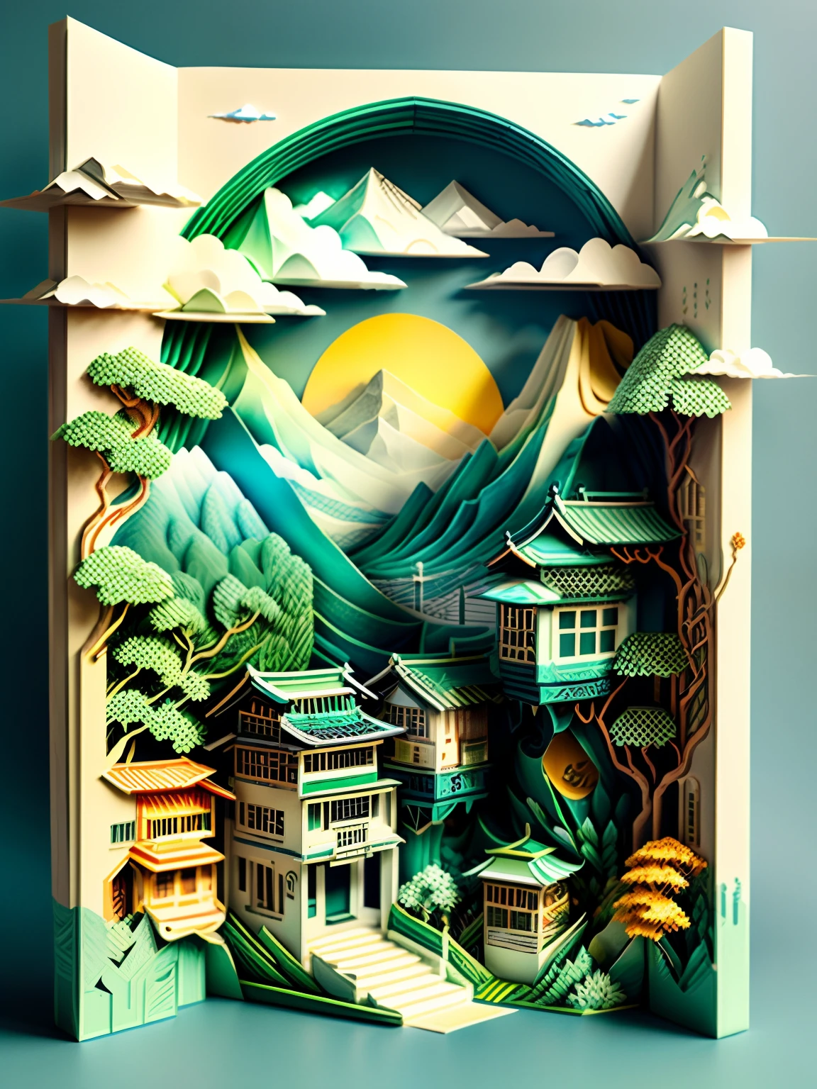 (masutepiece), (Best quality),paper art，with blue sky and white clouds，Green Mountains and Green Water，terraced、Geometric pattern background、disarray、paper cut out:1.8