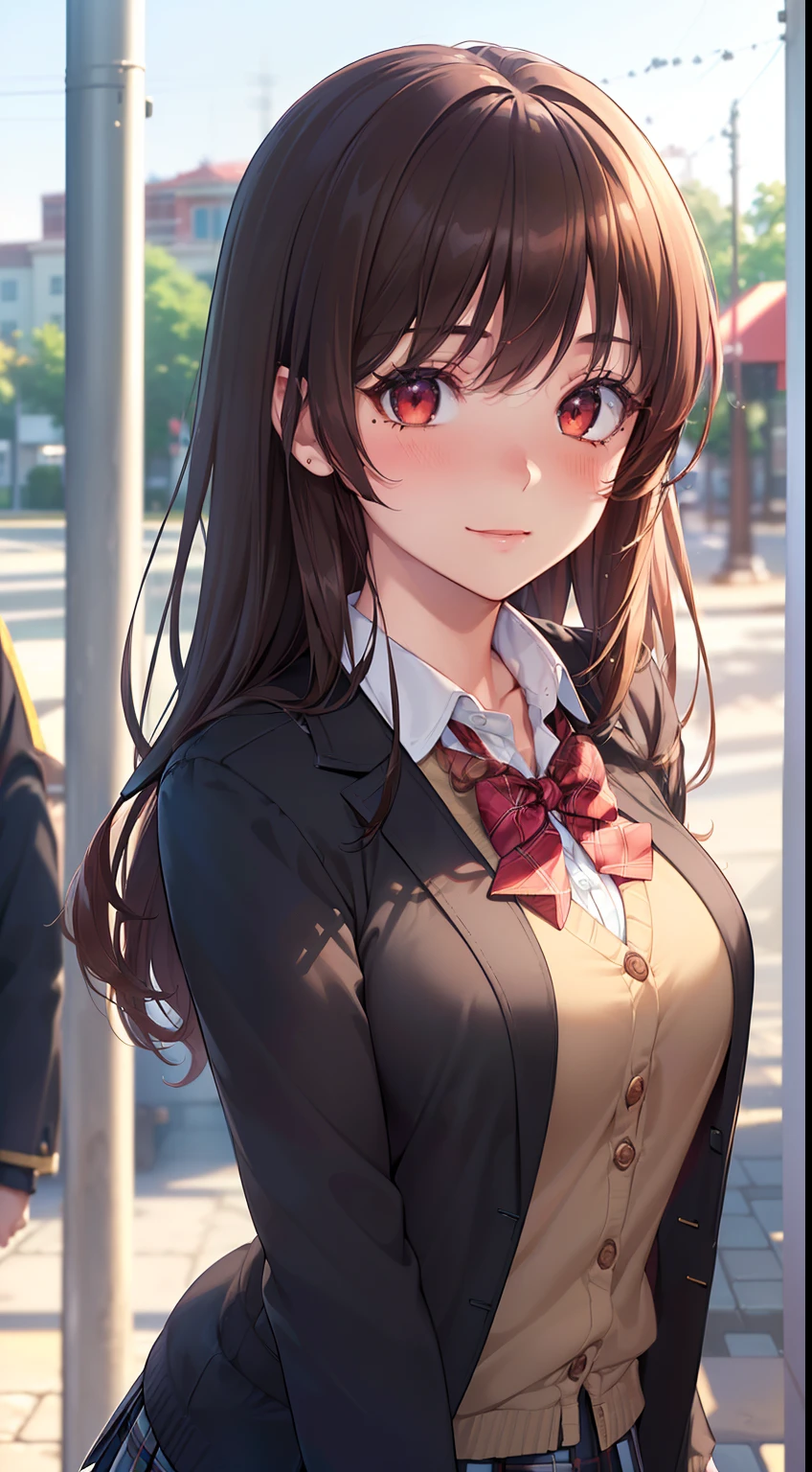 ((masterpiece, best quality, highres, UHD, perfect pixel, depth of field, 4k, RTX, HDR))), 1girl, single, solo, beautiful anime girl, beautiful artstyle, anime character, ((long hair, bangs, brown hair, curly hair:0.8)), ((red eyes:1.4, rounded eyes, beautiful eyelashes, realistic eyes)), ((detailed face, blushing:1.2)), ((smooth texture:0.75, realistic texture:0.65, photorealistic:1.1, anime CG style)), medium breasts, dynamic angle, perfect body, ((portrait, pov)), ((red bowtie, school uniform, black jacket, open jacket, brown cardigan, white shirt, black skirt, plaid skirt)), funny smile, amusement park