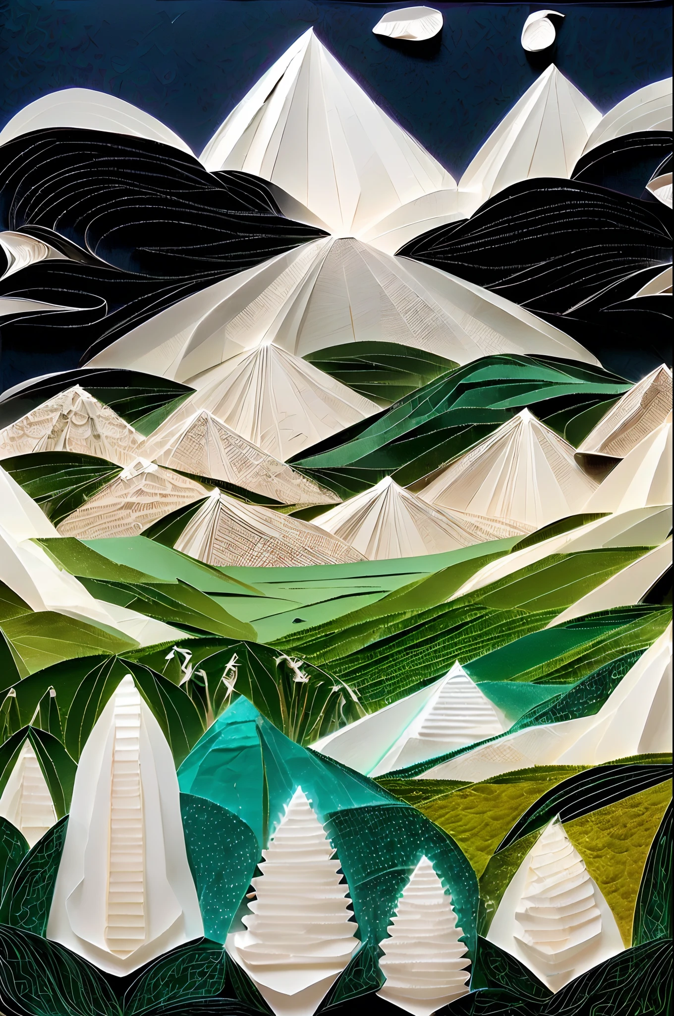 (Himalayas:1.4)，low head，(illustration:1.3，paper art:1.3, Quilted paper art:1.2),( reasonable design, Clear lines,Best quality, Masterpiece, movie light effect, 4K )