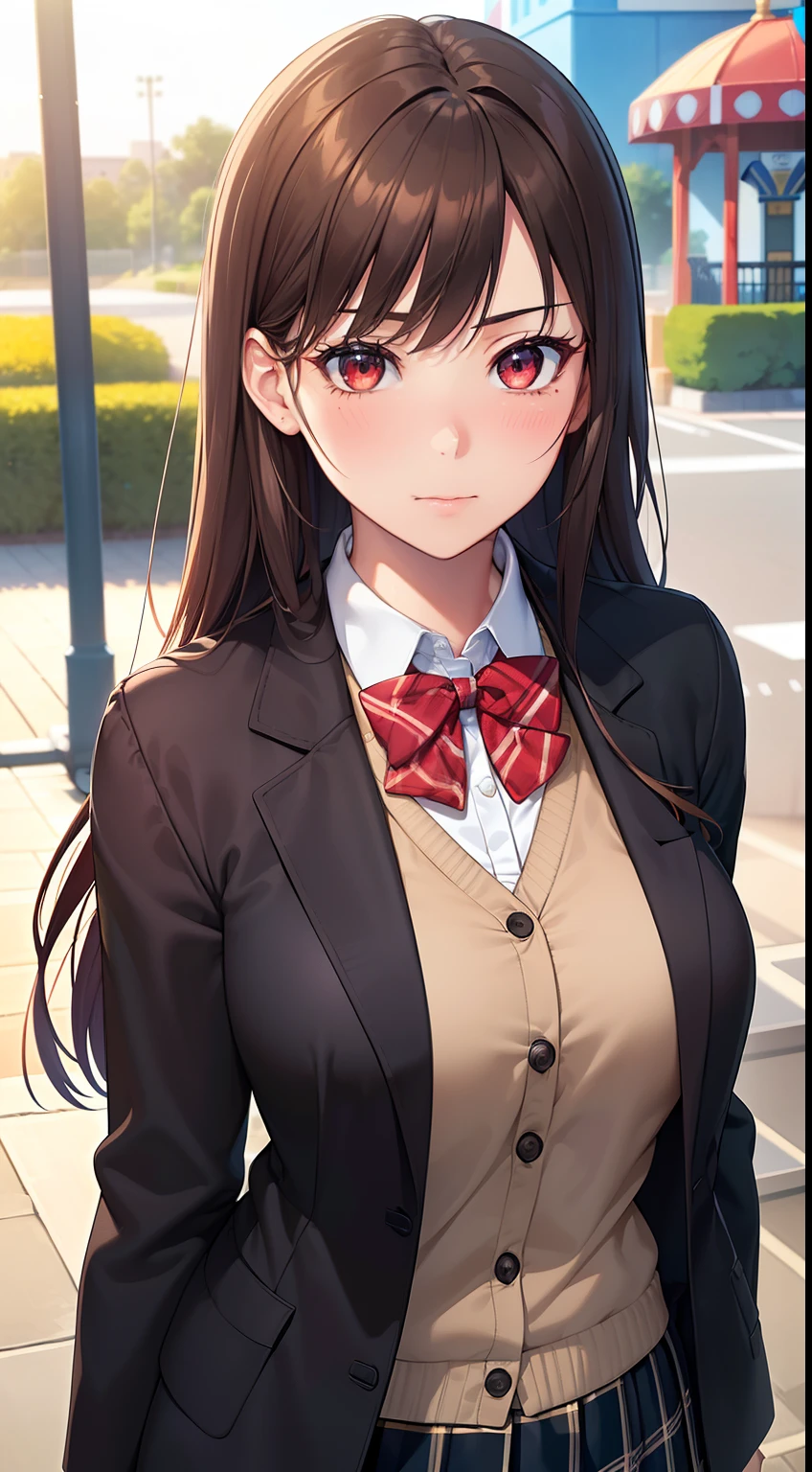 (table top, highest quality, High resolution, , perfect pixel, 4k,), 1 girl, single, alone, Beautiful woman、I could see the whole body、 ((wavy middle hair, bangs, brown hair)), ((brown eyes, beautiful eyelashes, realistic eyes)), ((detailed face, blush:1.2)), ((smooth texture:0.75, realistic texture:0.65, realistic:1.1, Anime CG style)), medium breasts, dynamic angle, perfect body, ((red bow tie, school uniform, black jacket, open jacket,cardigan, white shirt, black skirt, shirt unbuttoned、plaid skirt)), upper grade、shy smile、school classroom、evening、sit at desk、(open your legs、get down on one knee、、pale pink floral lace panties)、