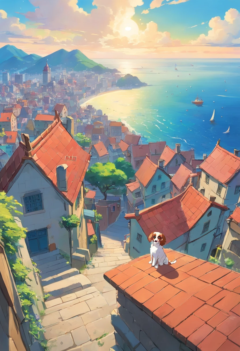 cavalier king charles spaniel　European-style cityscape　A slope with a view of the sea