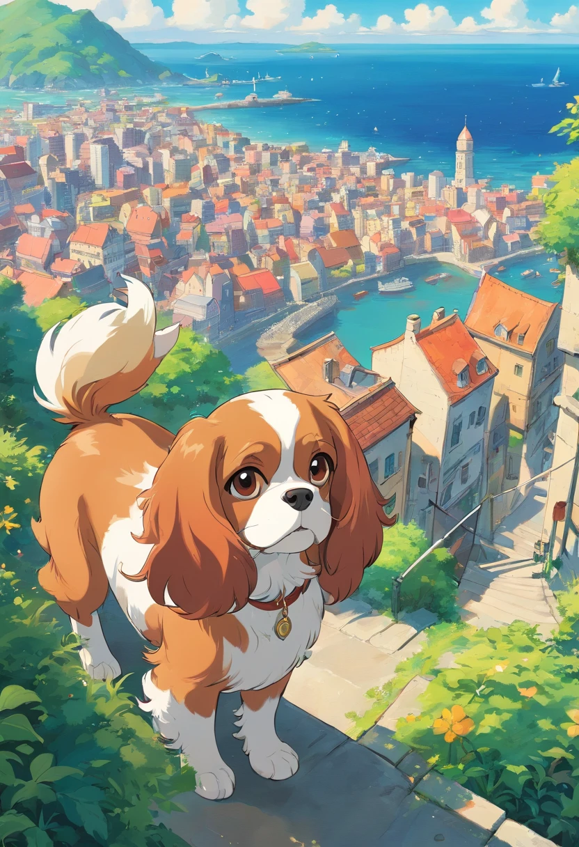 cavalier king charles spaniel European-style cityscape A slope with a view of the sea