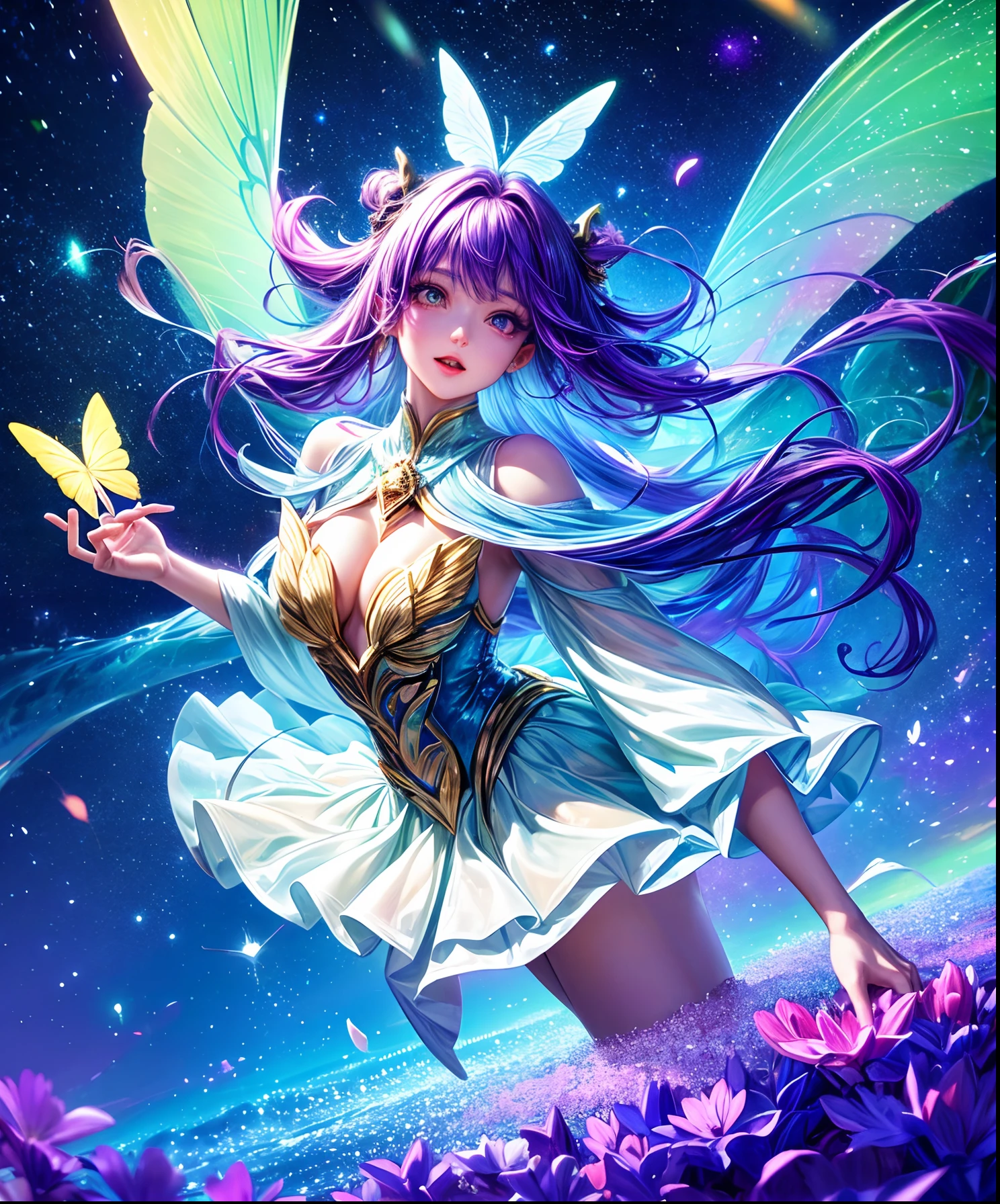 Cute iridescent round monster in space、Iridescent grass々Drawing a butterfly flying over the water, Looking up at the starry sky. Surround her with colorful nebulae and colorful forests.