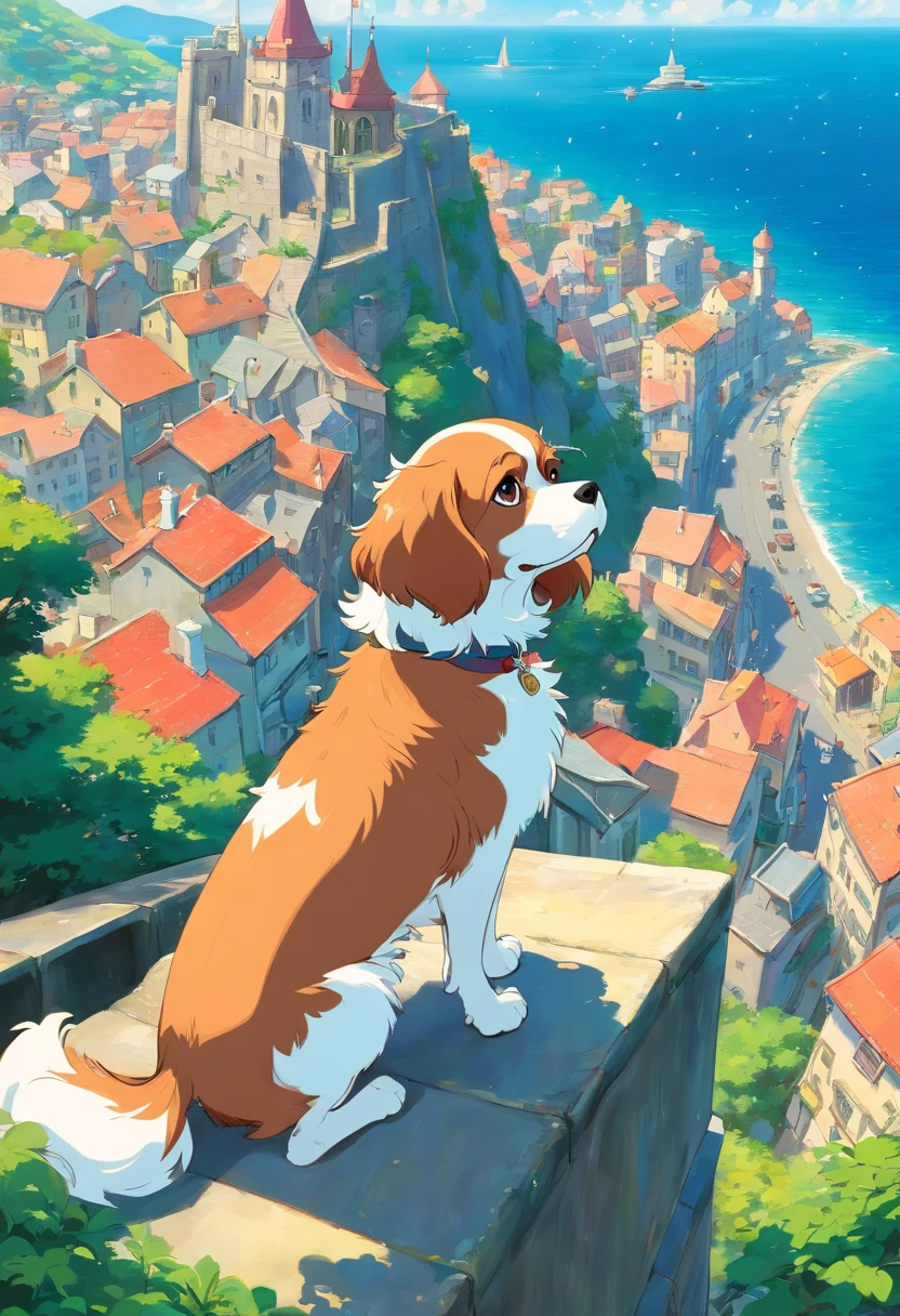 a Dog　Cavalier　European-style cityscape　A slope with a view of the sea