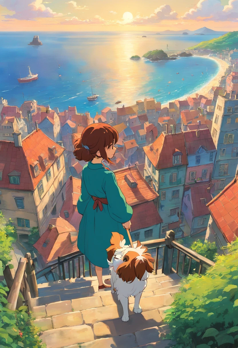 a Dog Cavalier European-style cityscape A slope with a view of the sea