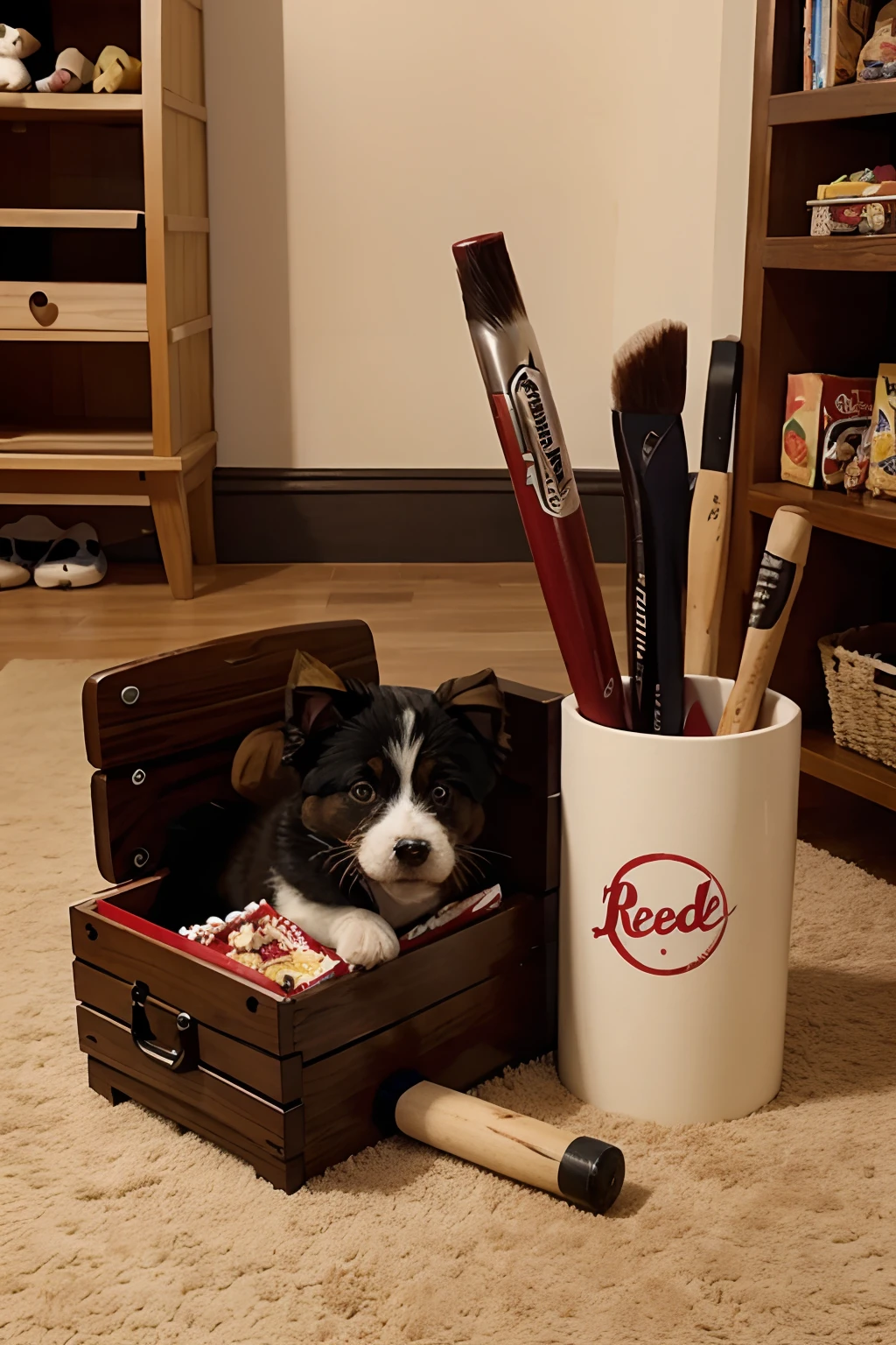 Cartoon-style toy box with snacks、Baseball bat、Brush Sketchpad、red wine,There is also a puppy sticking its head out