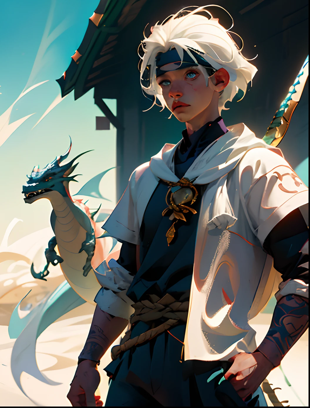 Exquisite, high-quality, and ultra-detailed CG illustrations, a male and female elf magician with a calm expression, long silver-white hair fluttering gently in the desert breeze, wearing a white robe, holding a wooden staff,