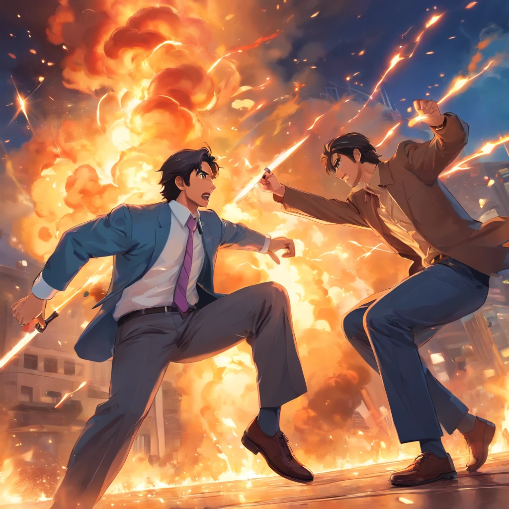 imran khan fighting nawaz sharif for chair,illustration,oil painting,(best quality:1.2),ultra-detailed,(realistic:1.37),portrait,determined expression,confident posture,fiery background,vivid colors,spotlight.
