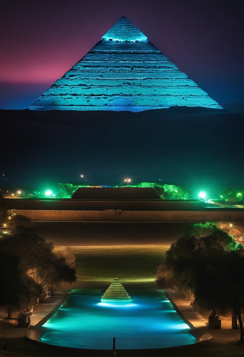 cuidad tipo neon, de noche, piramide azul en el centro emitiendo luz verde hacia el cielo en un vortice