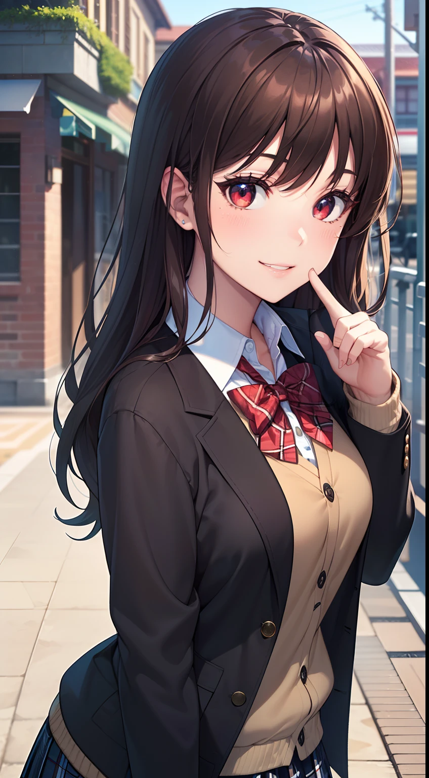 ((masterpiece, best quality, highres, UHD, perfect pixel, depth of field, 4k, RTX, HDR))), 1girl, single, solo, beautiful anime girl, beautiful artstyle, anime character, ((long hair, bangs, brown hair, curly hair:0.8)), ((red eyes:1.4, rounded eyes, beautiful eyelashes, realistic eyes)), ((detailed face, blushing:1.2)), ((smooth texture:0.75, realistic texture:0.65, photorealistic:1.1, anime CG style)), medium breasts, dynamic angle, perfect body, ((portrait, pov)), ((red bowtie, school uniform, black jacket, open jacket, brown cardigan, white shirt, black skirt, plaid skirt)), smile beam, amusement park,grin,white teeth,finger to mouth