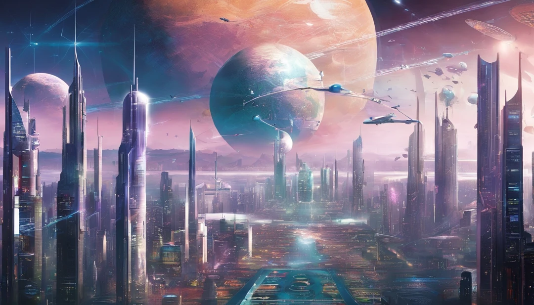 cyber punk perssonage、Cidade futuristica、planet earth、Skyscrapers piercing clouds cyberpunk.SFart by、Utopian city、megacity、Dream、top-quality、tmasterpiece、Beautiful futuristic city