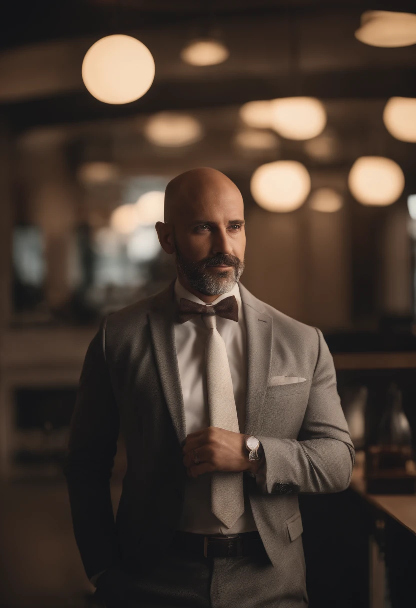 Realistic image of middle-aged business professional, 100 lagoas de peso, profissionalmente vestido com terno e gravata, alta qualidade, highest resolution, Standing position, hands straight down, profissional, belos olhos detalhados ligeiramente acastanhados , beautiful detailed lips, barba curta, cabelos curtos grisalhos;, kind expression, sorriso quente, olhar diferenciado, Adequate lighting, fundo liso, imagem limpa sem efeito desfocado, textura ultra-detalhada,master part:1.2