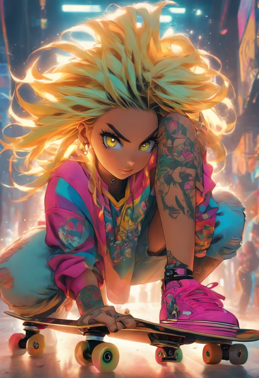 The most beautiful and sexy skateboard girl, rainbow colored hair, yellow eyes, wearing hoodie, graphic t-shirt, torn skinny jeans and highly detailed skateboard gear, tons of tattoos and piercings, highly detailed background, perfect masterpiece, high quality, high resolution Photo of a 10-year-old European girl, raw, Beautiful woman, (Extra long wavy blonde hair), ((Portrait)), ((Detailed face:1.2)), ((detailed facial features)), (finely detailed skin), pale skin, , wrapped in a sheet, Bedroom environment, Sitting on the bed, (cold color), moist, moist, Reflectors, (masutepiece) (perfectly proportions)(photos realistic)(Best Quality) (Detailed) photographed in a Canon EOS R5, 50mm Lens, F/2.8, nffsw, (8K) (Wallpaper) (Cinematic lighting) (Dramatic Lighting) (foco nítido) (Convoluted) Fashion, From above