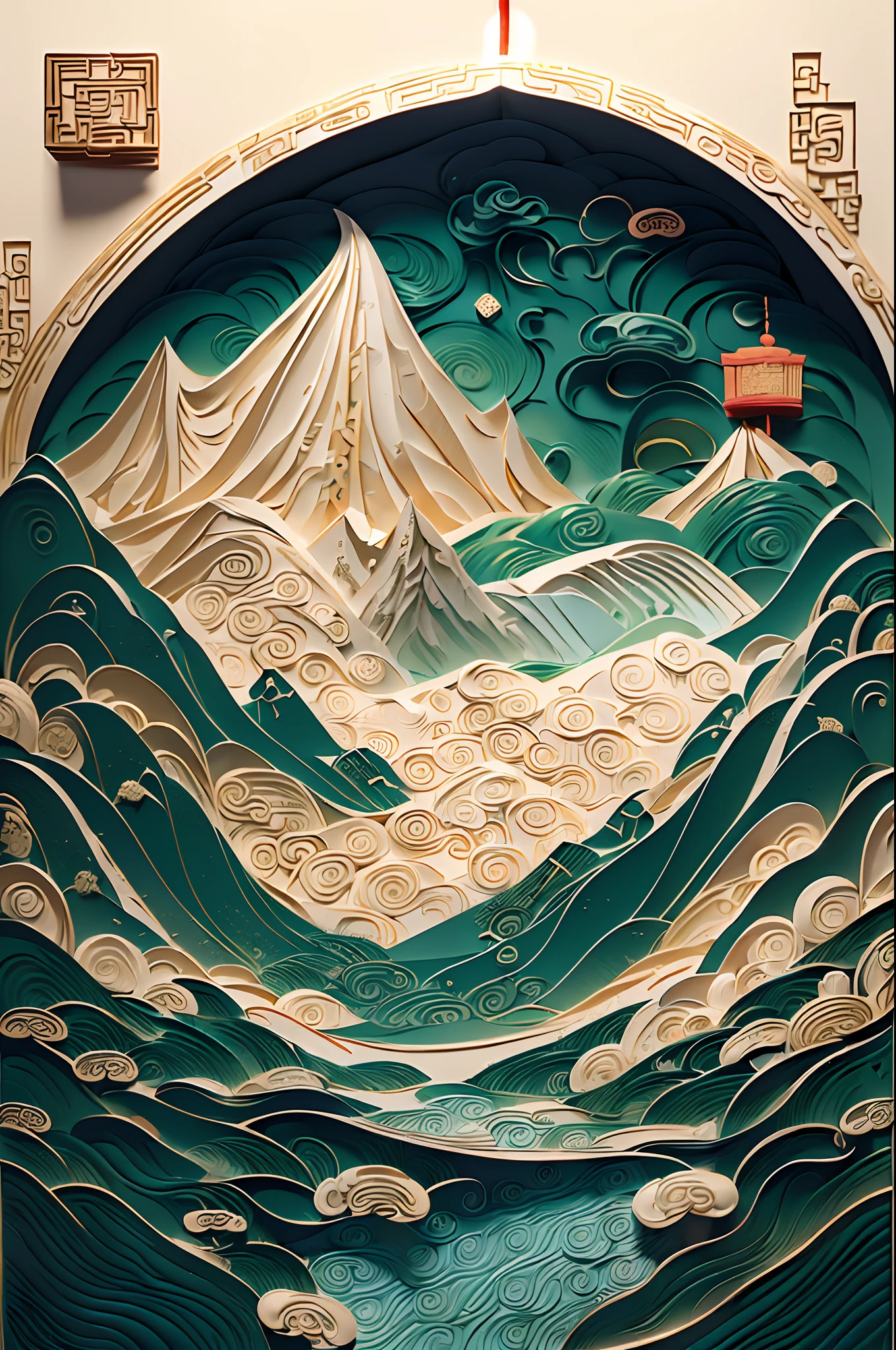 (Ancient Chinese landscapes:1.4)，(illustration:1.3，paper art:1.3, Quilted paper art:1.2),( reasonable design, Clear lines,Best quality, Masterpiece, movie light effect, 4K )