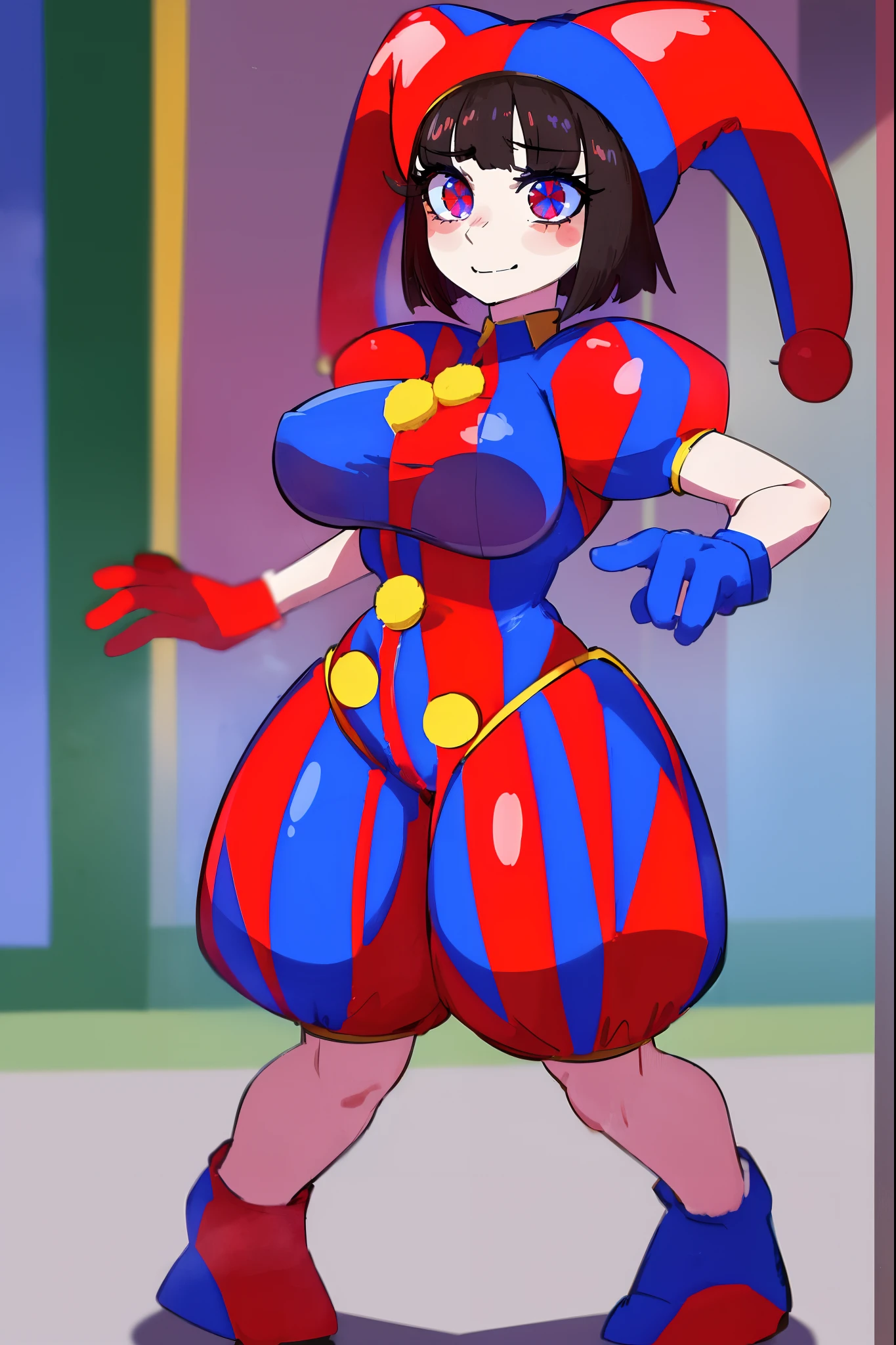 1girl, solo, indoors, full body, standing, smile, pomni, multicolored clothes, jester cap, puffy short sleeves, gloves, buttons, colored skin, symbol-shaped pupils, red eyes, blue eyes, huge breast, curvy
