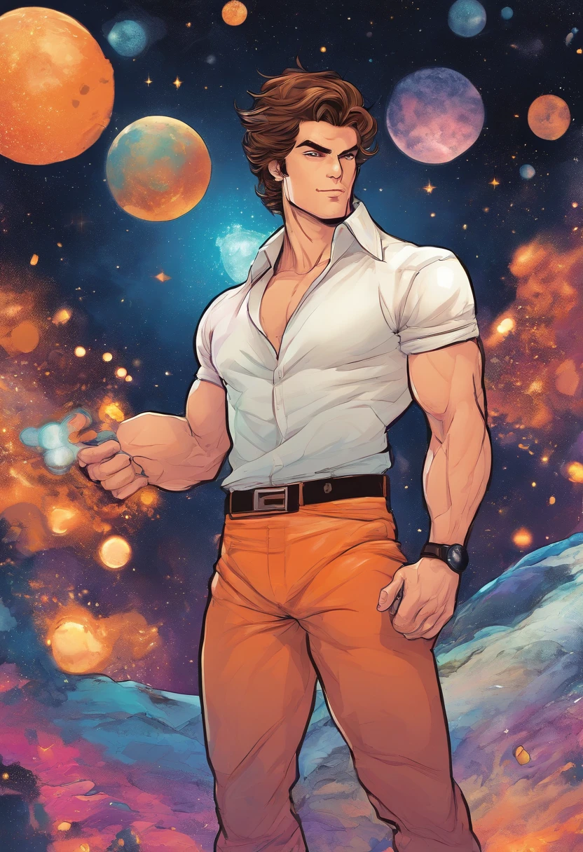 Man, brown hair, orange eyes, cock in hand, in the middle of the cosmos, ((bara style)), white shirt, soft colors, colorful background, cosmic background, soft strokes