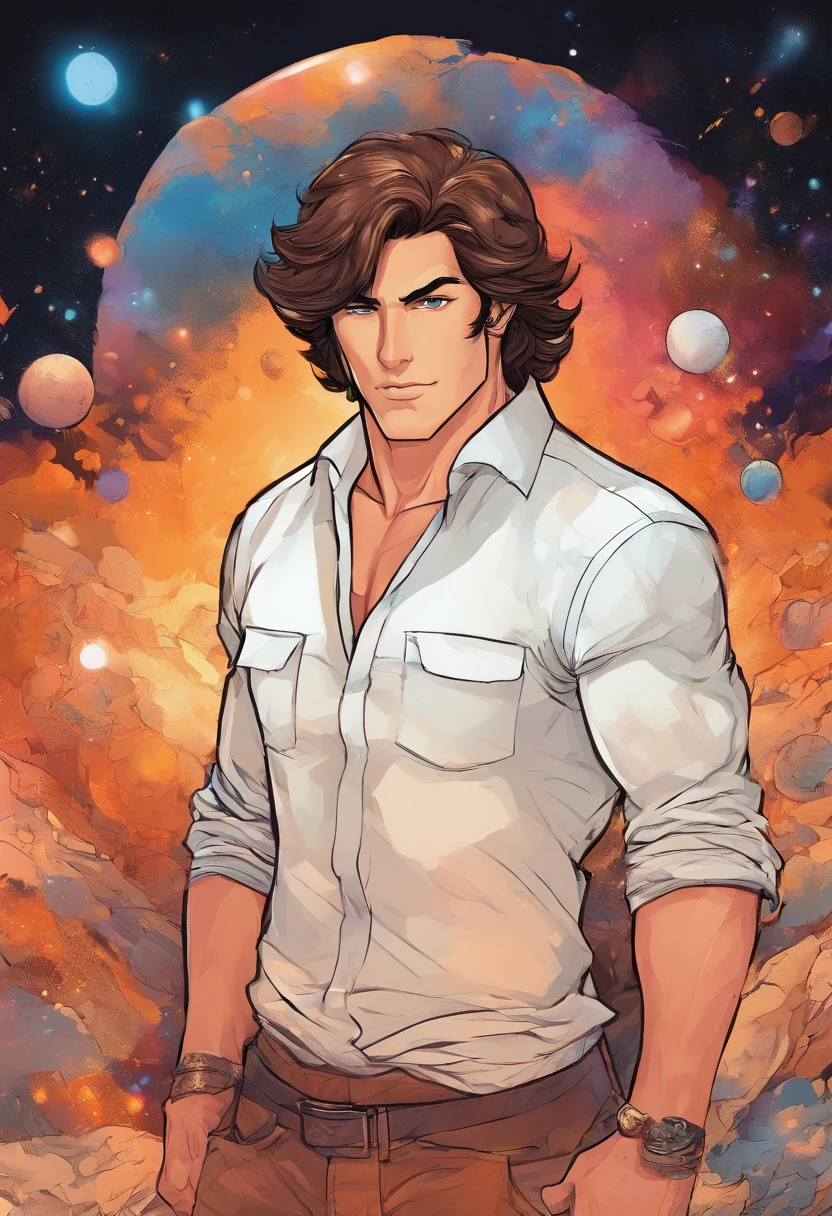 Man, brown hair, orange eyes, cock in hand, in the middle of the cosmos, ((bara style)), white shirt, soft colors, colorful background, cosmic background, soft strokes