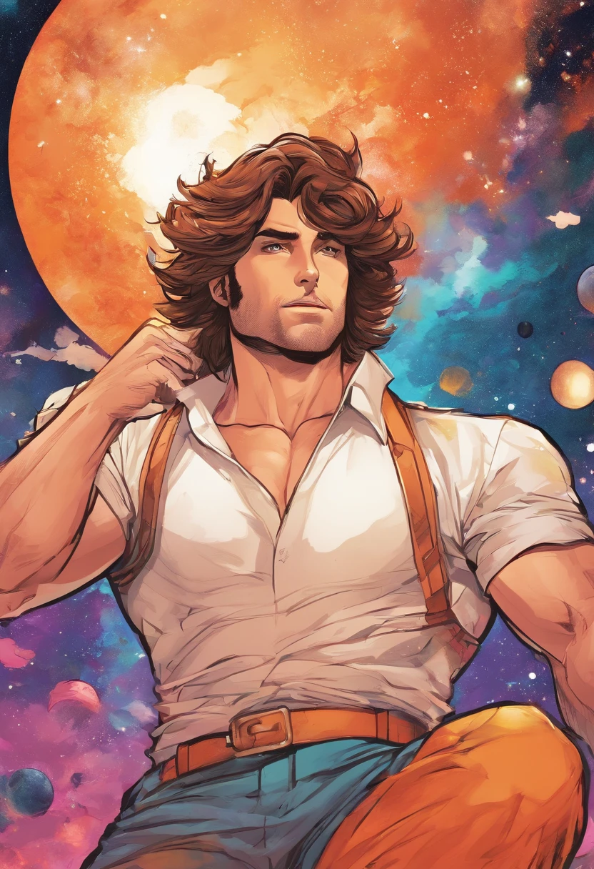 Man, brown hair, orange eyes, cock in hand, in the middle of the cosmos, ((bara style)), white shirt, soft colors, colorful background, cosmic background, soft strokes