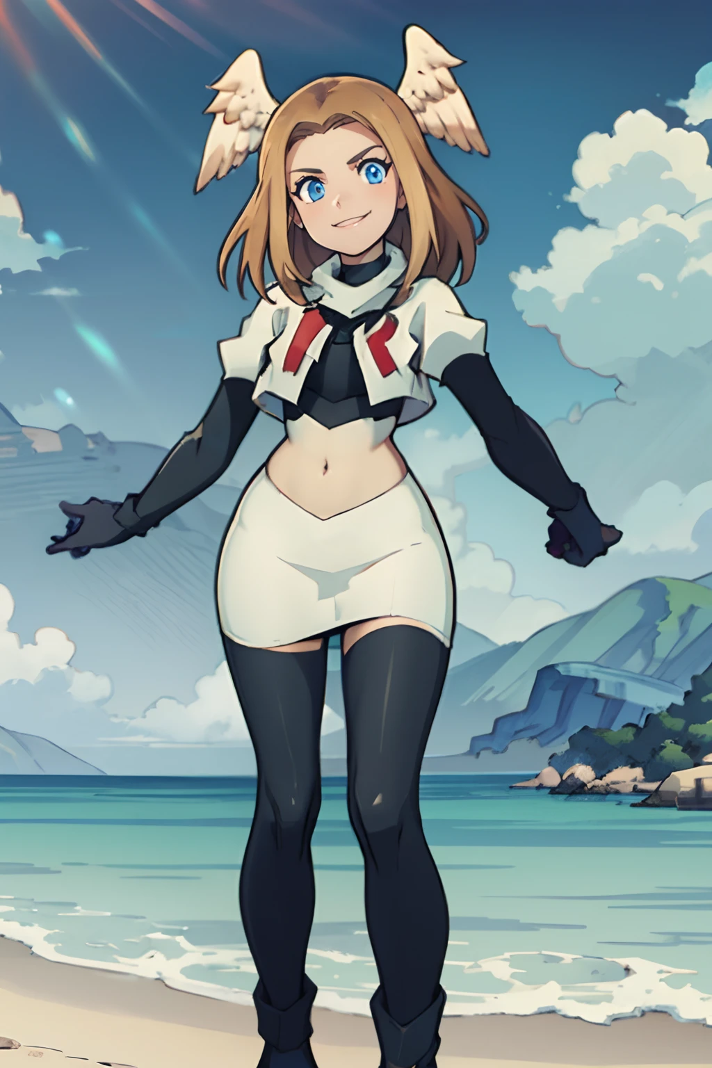 eunie, black choker, head wings ,team rocket uniform, red letter R, white skirt,white crop top,black thigh-highs,black elbow gloves, smile, blue eyes