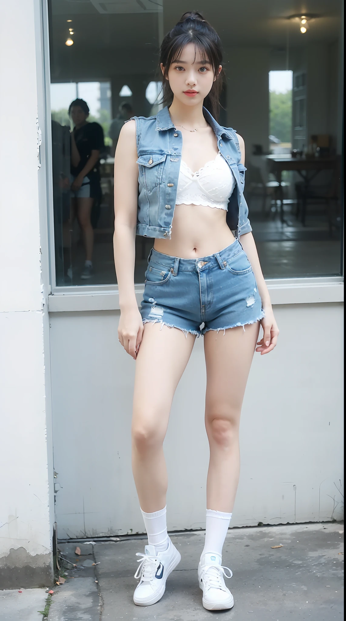 (best quality,1.2,masterpiece:1.2,ultra-detailed,realistic:1.37),1girl with a full-body shot,excellent,with pure white high ponytail, sleeveless denim jacket, pure white U-shaped bra, diamond-encrusted pinky ring, extremely short denim shorts, lace-up stockings and sneakers. Punk elements